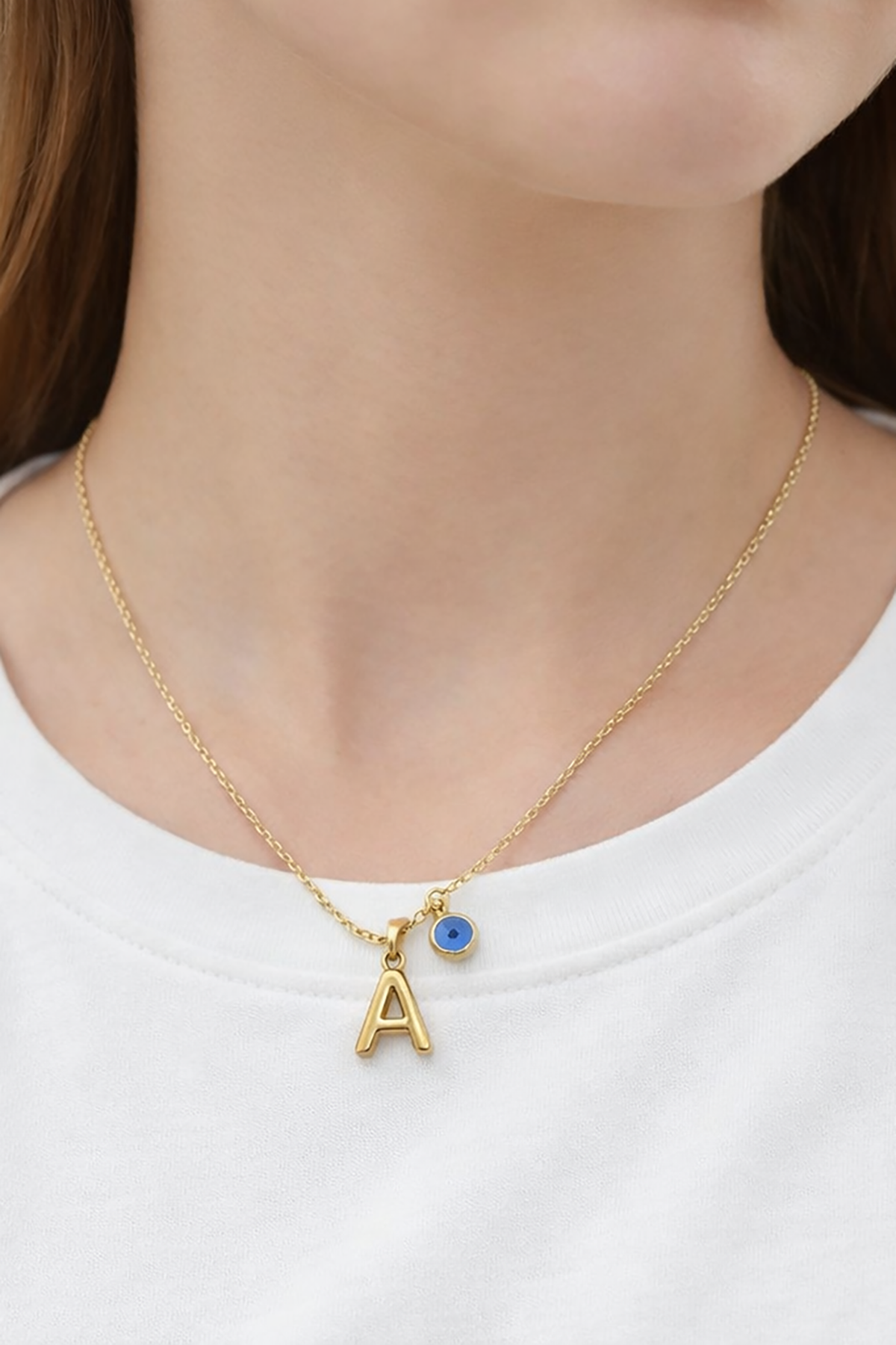 Altın Renk A Harfli Nazar Boncuk Detaylı Çelik Kolye