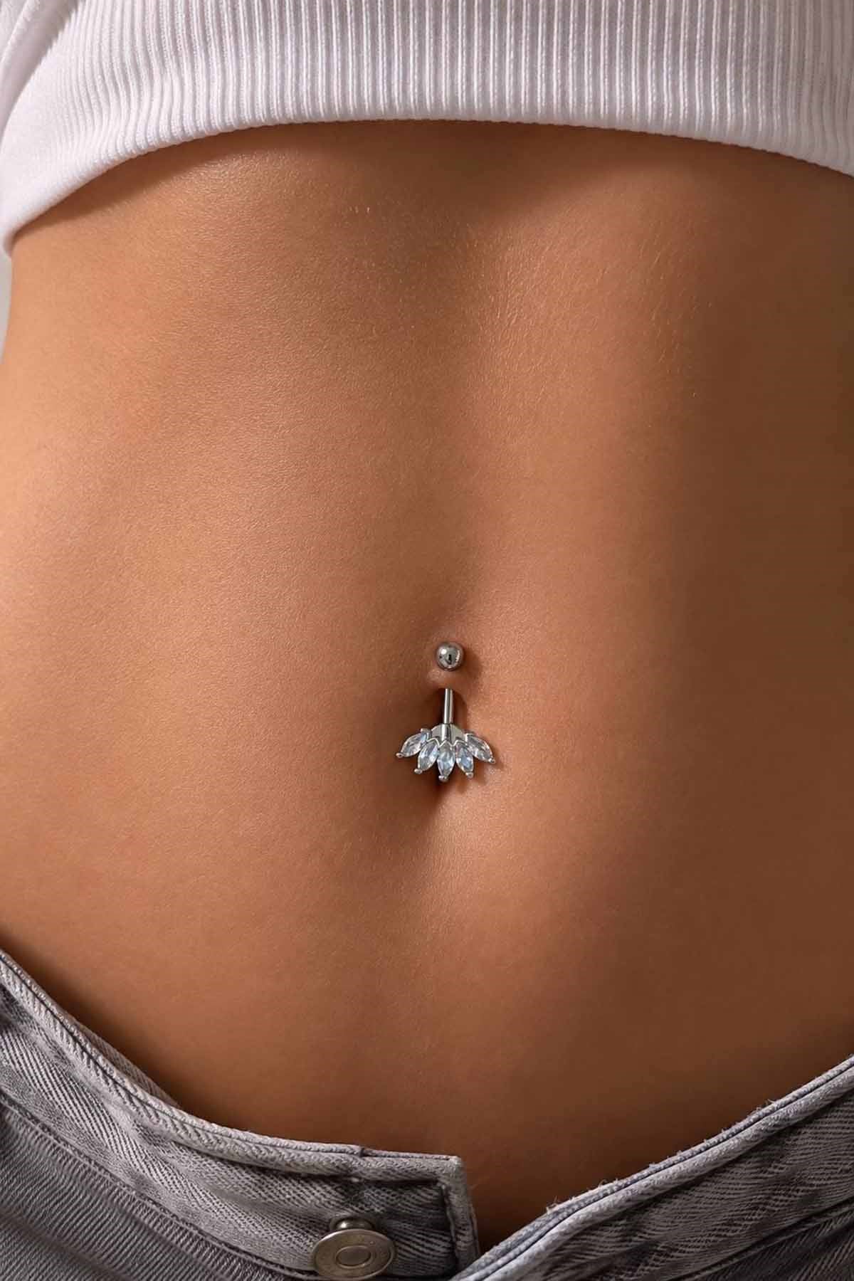 Gümüş Renk Taşlı Cerrahi Çelik Göbek Piercing