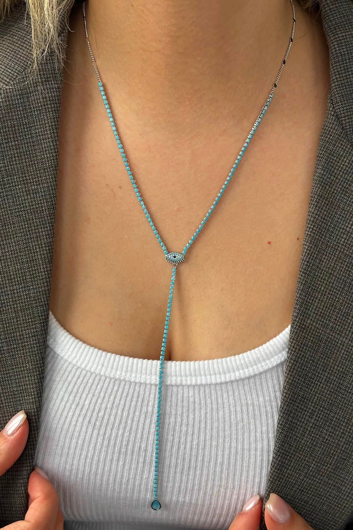 Gümüş Renk Göz Figürlü 14K Altın Kaplama VİP Y Kolye