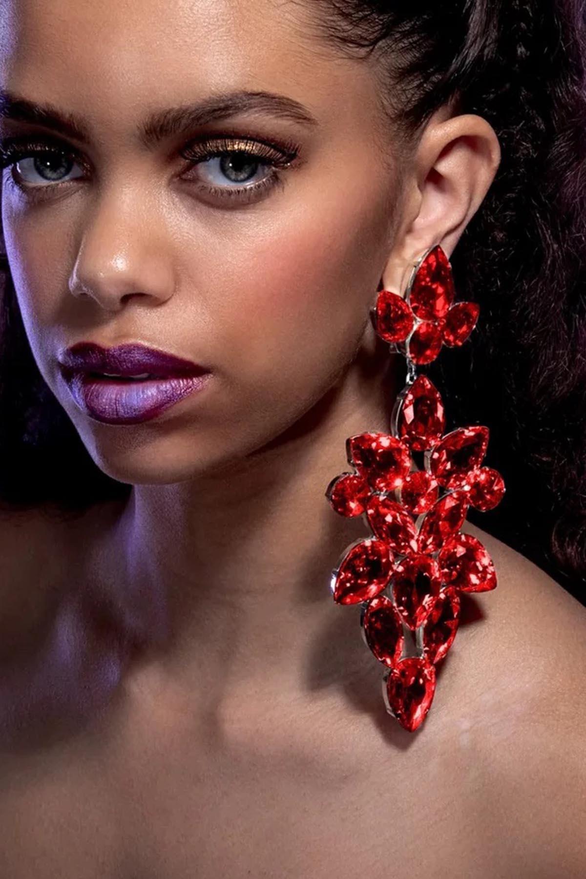 Kırmızı Renk Taşlı Abiye Küpe Kına/Gelin Küpe (Çift) 