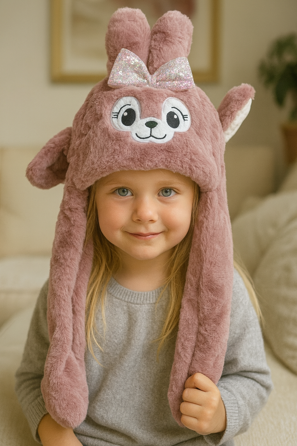 Pudra Renk Tavşan Figürlü Kulakları Oynayan Peluş Şapka