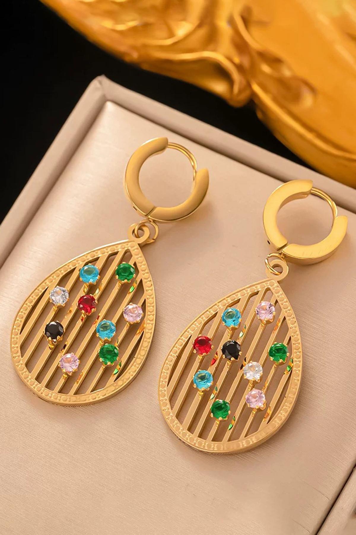 Altın Renk Renkli Taş Detaylı Çelik Küpe (Çift)