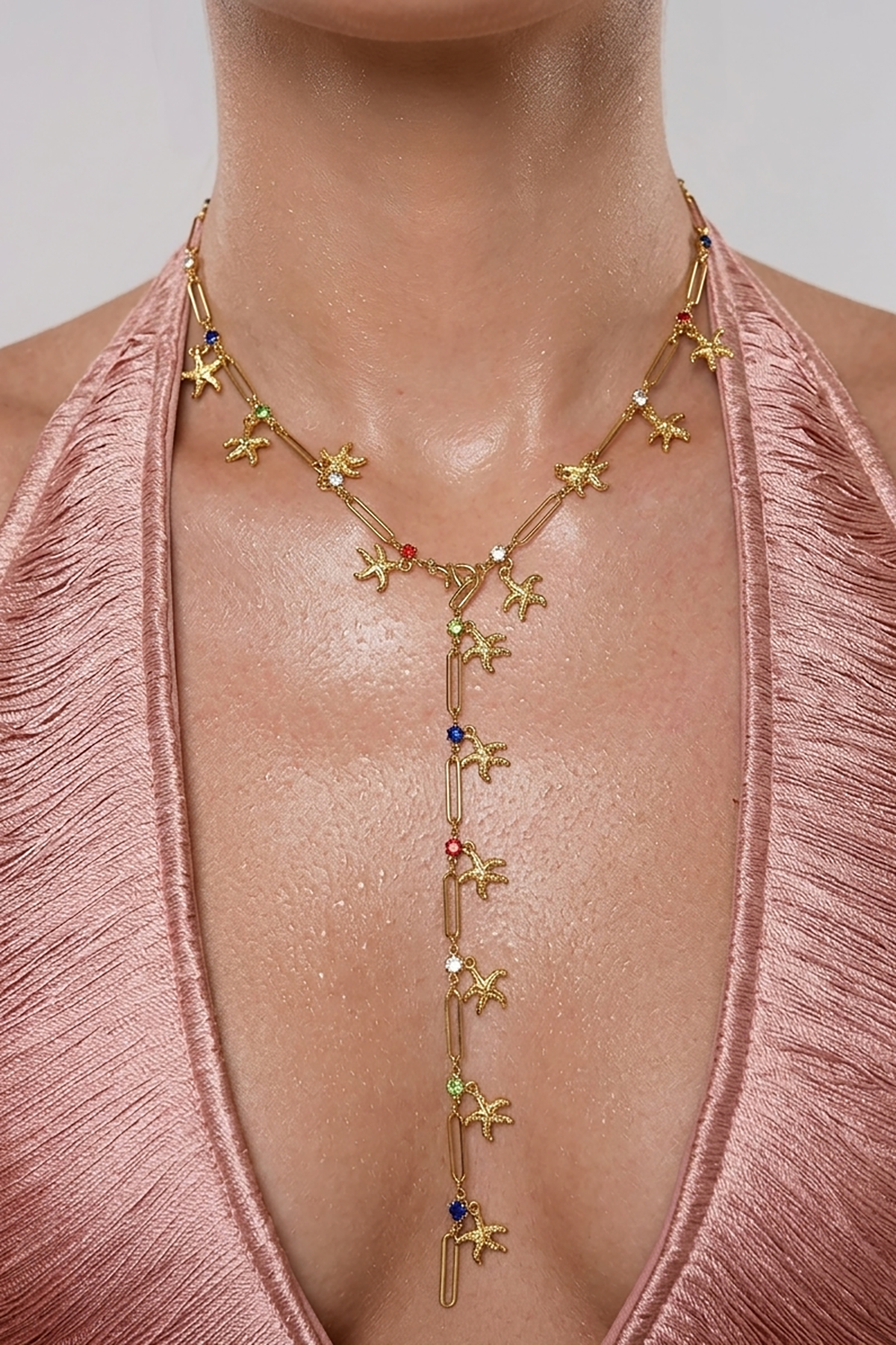 Altın Renk Yıldız Figürlü Taş Detaylı Çelik Y Kolye