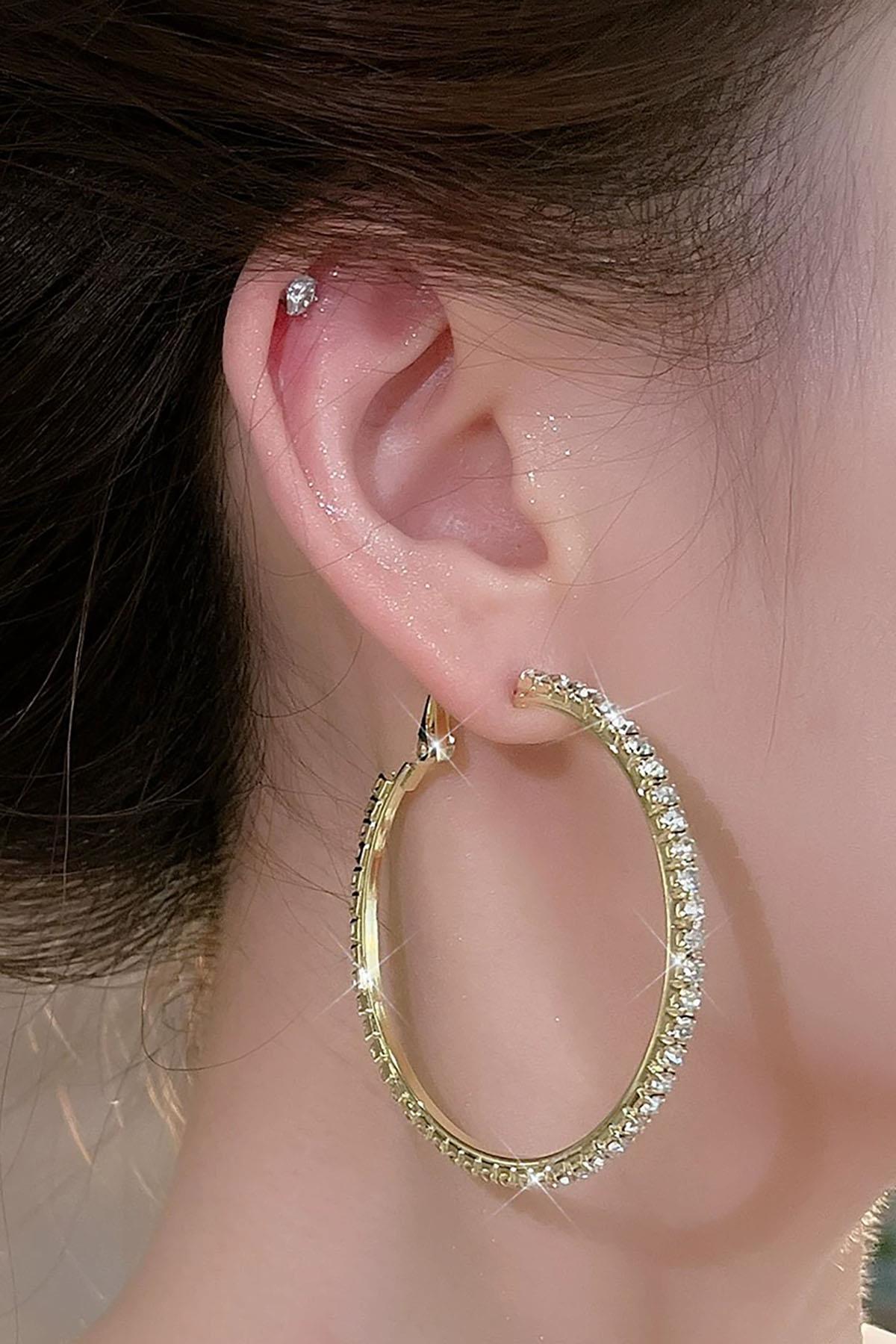 Altın Renk Taş Detaylı Halka Küpe 75Mm (Çift)