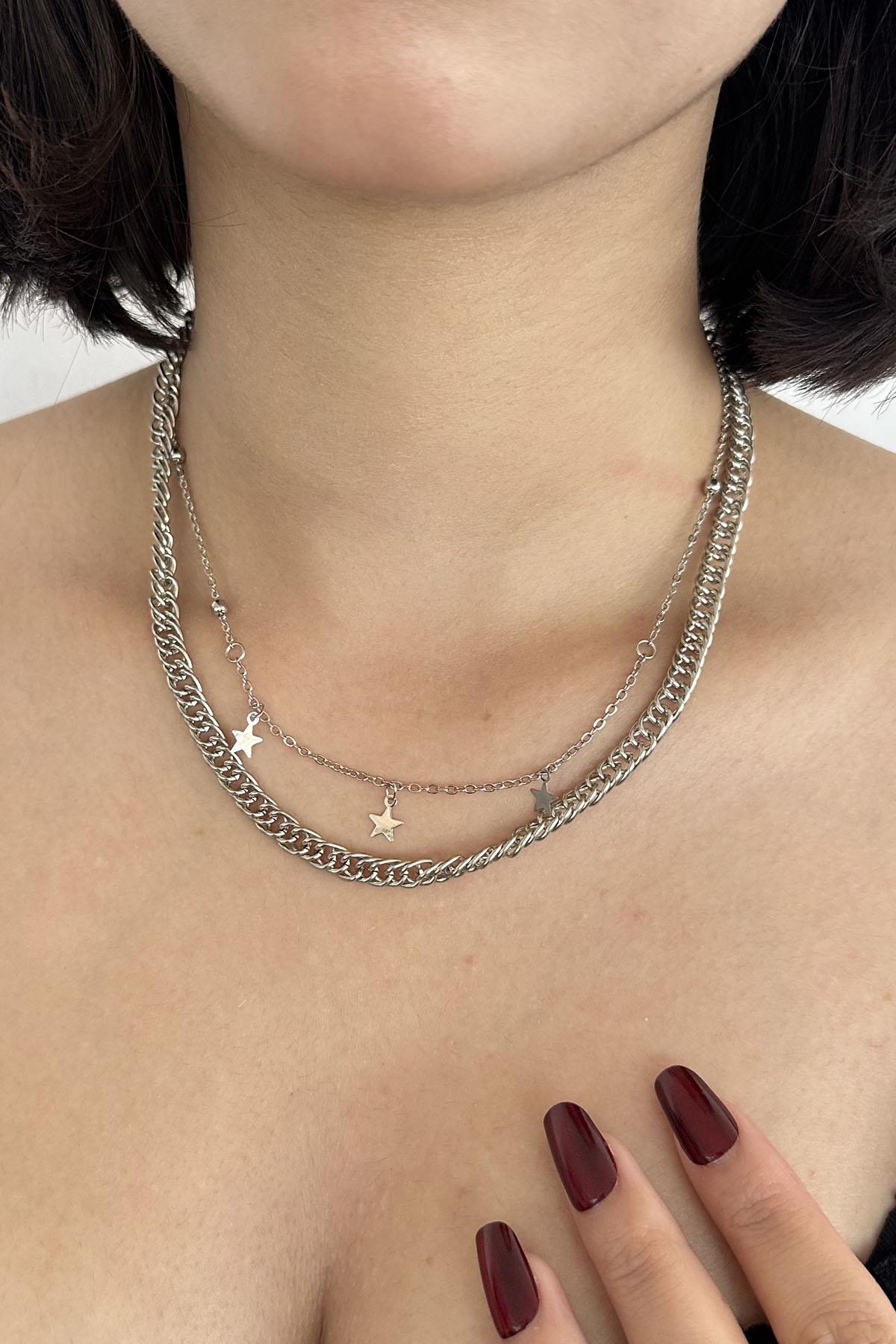 Gümüş Renk Yıldız Figürlü İkili Kolye