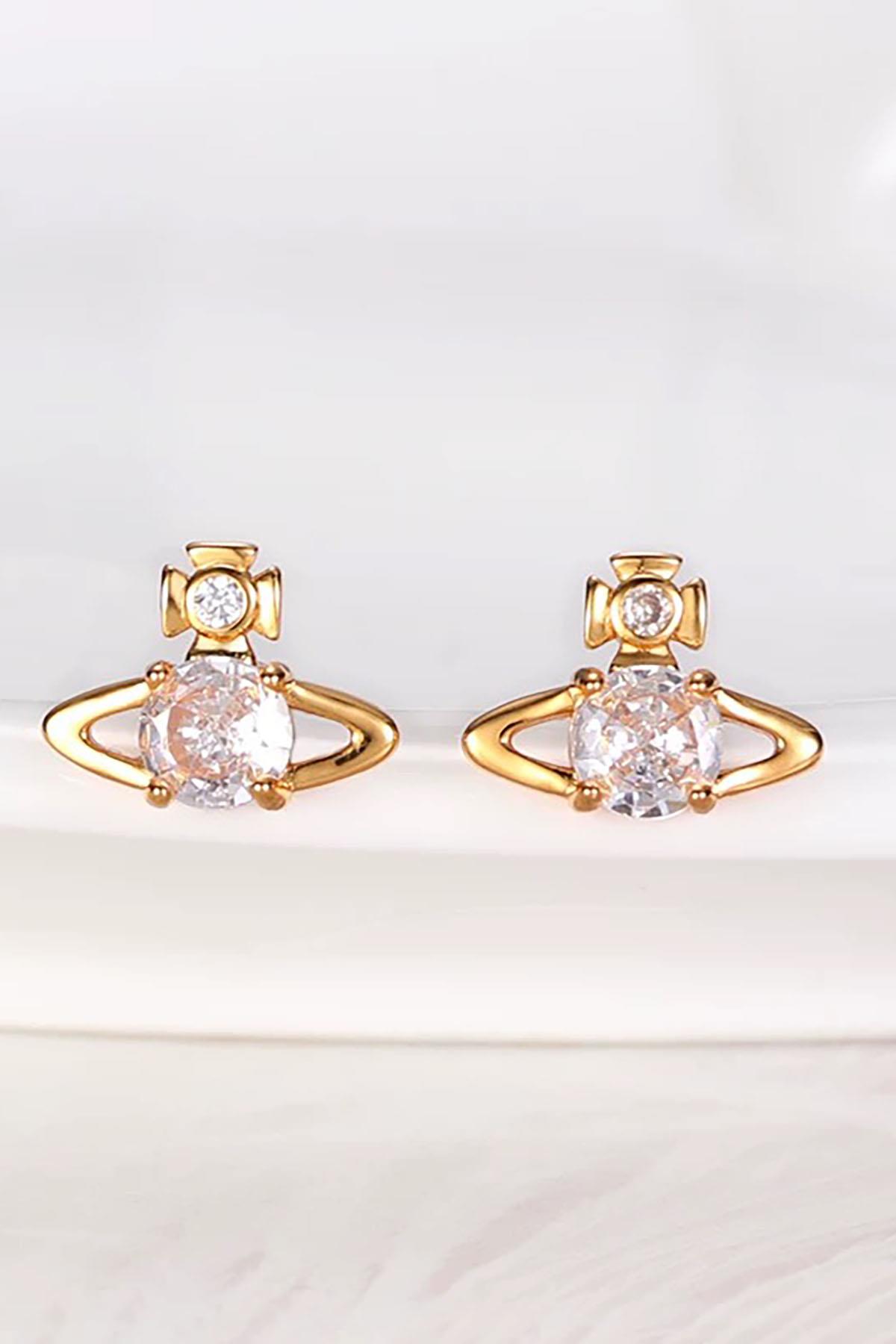 Altın Renk Taş Detaylı 14K Altın Kaplama Küpe (Çift)