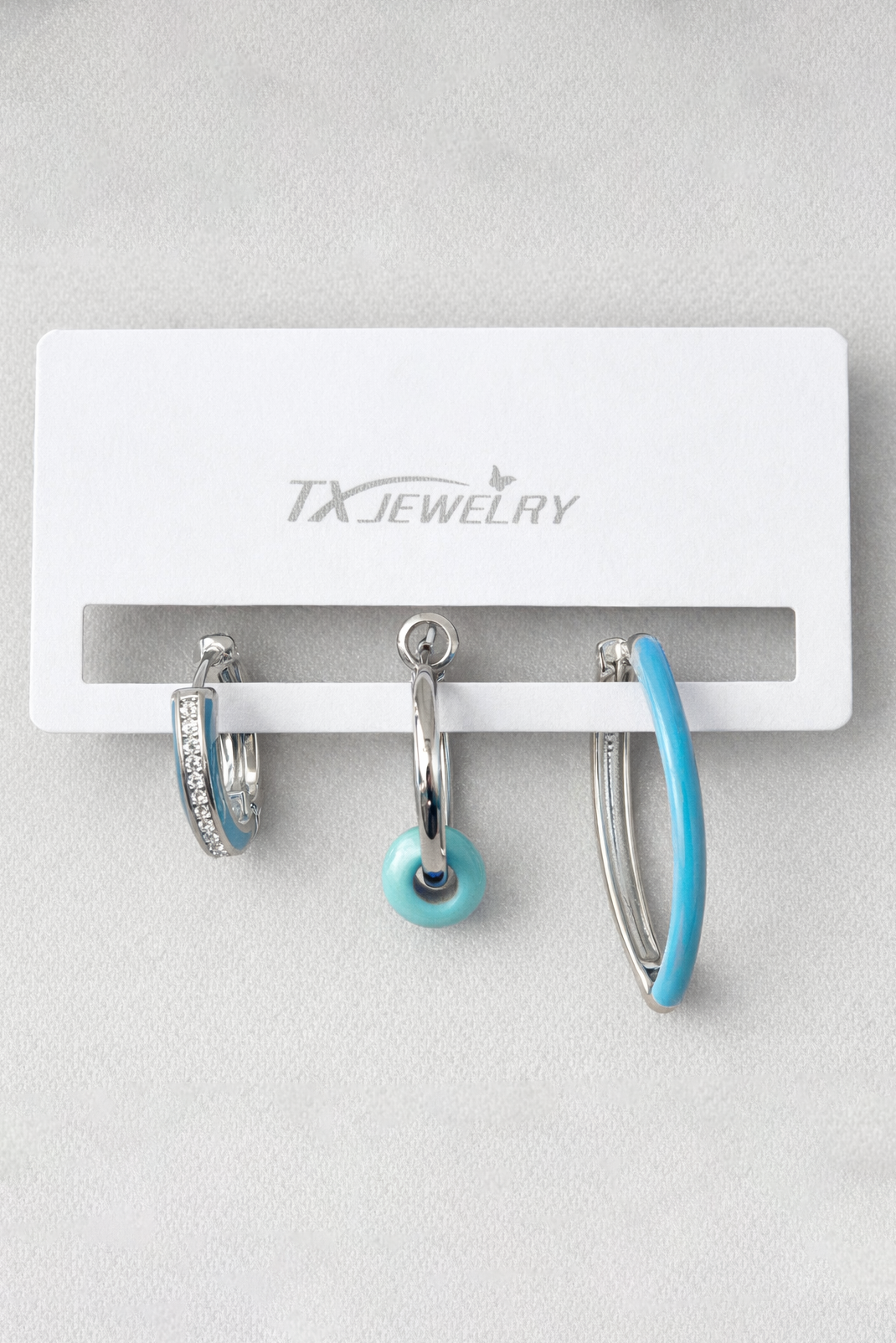 3'lü Gümüş Renk Mavi Taş Detaylı 14K Altın Kaplama TX Küpe