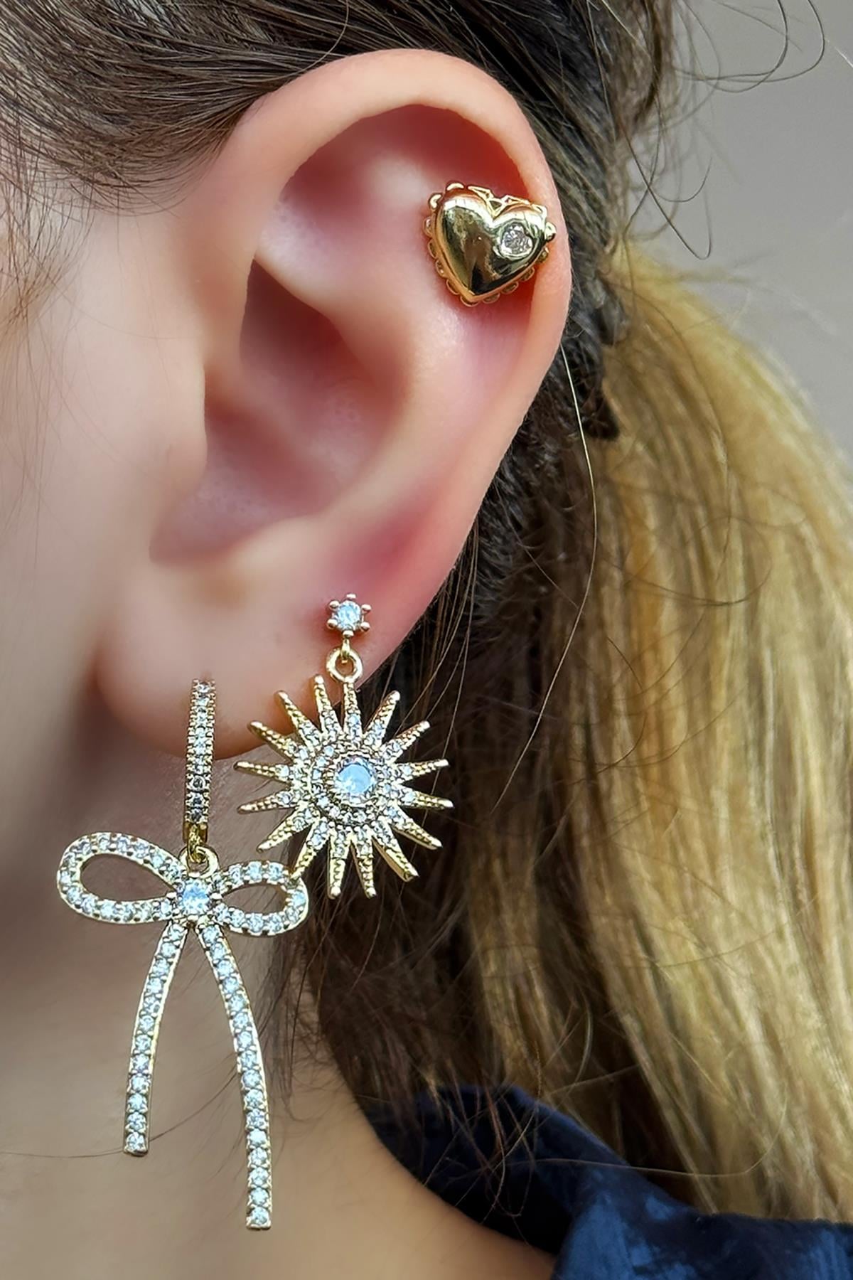 Altın Renk Karışık Figürlü Taş Detaylı 3'lü YSX Küpe Set