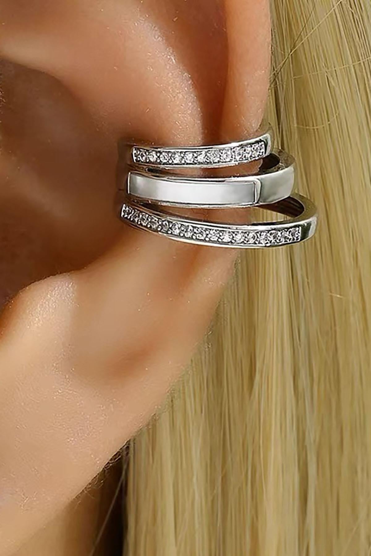 Gümüş Renk Taş Detaylı 14K Altın Kaplama TX Ear Cuff (Tek)