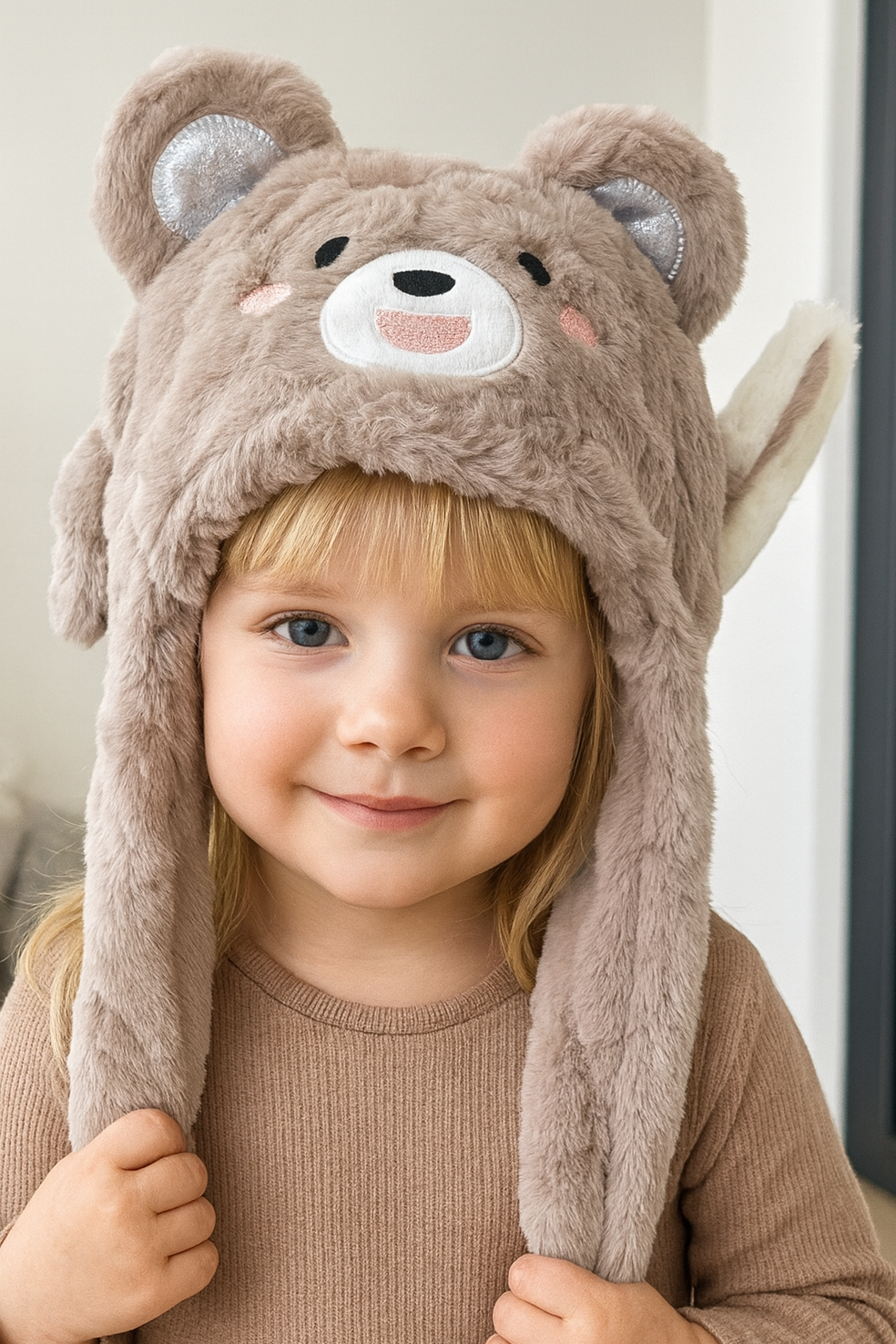 Kahverengi Ayıcık Figürlü Kulakları Oynayan Peluş Şapka