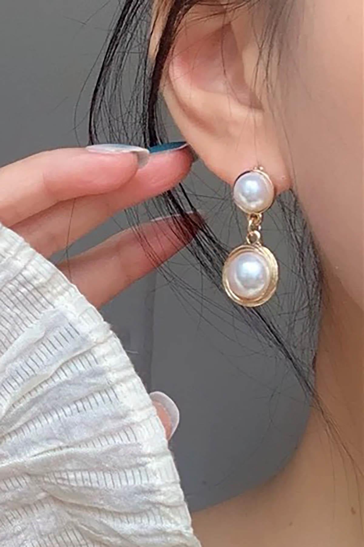 Altın Renk İnci Detaylı Küpe (Çift)