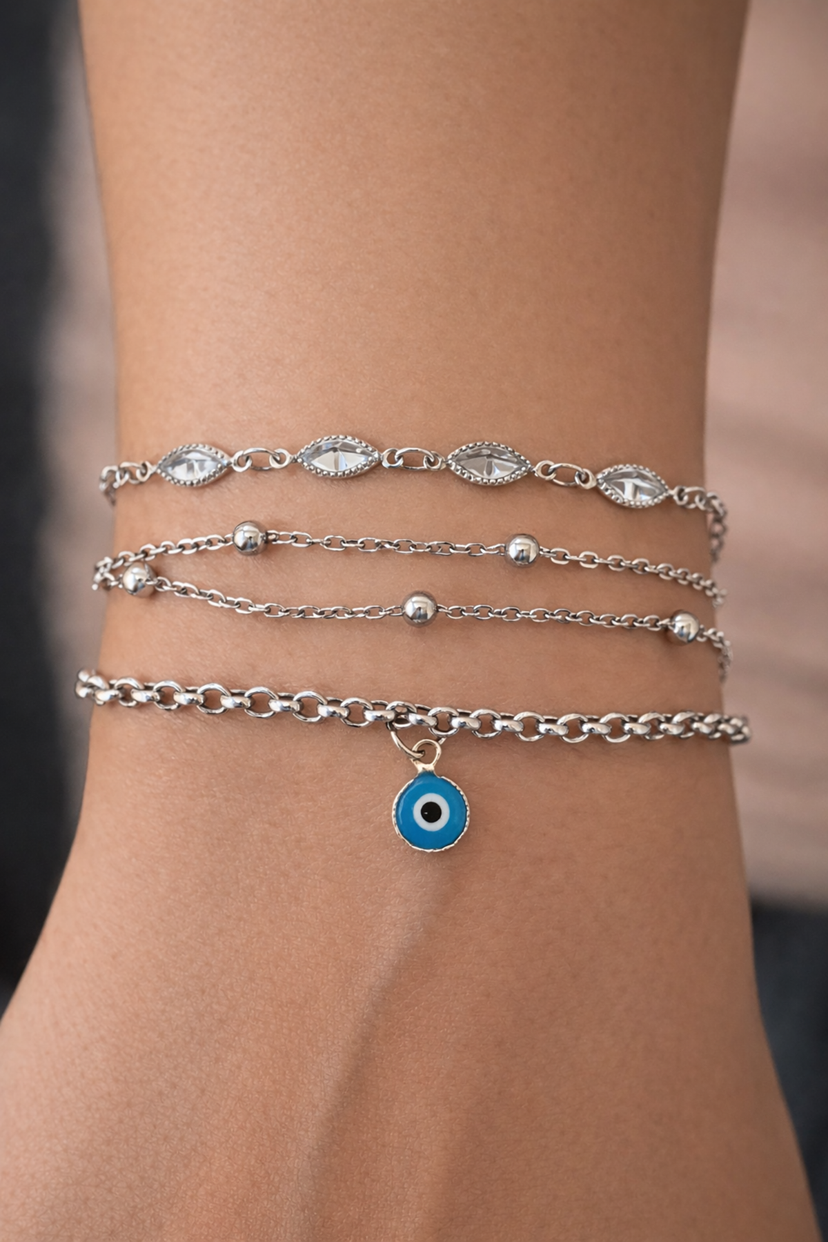 Gümüş Renk Nazar Boncuğu Figürlü  3'lü Çelik Bileklik
