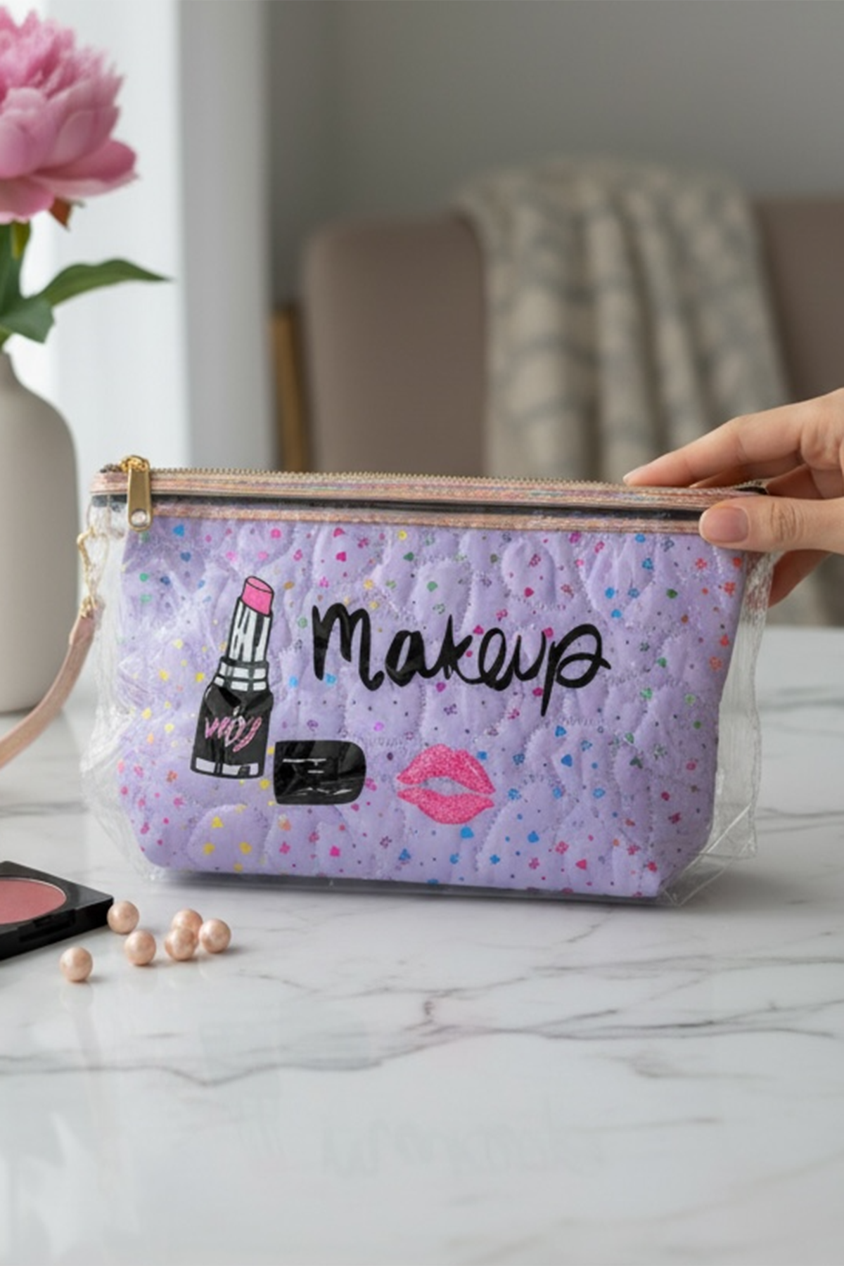 Mor Renk Makeup Yazılı Makyaj Çantası