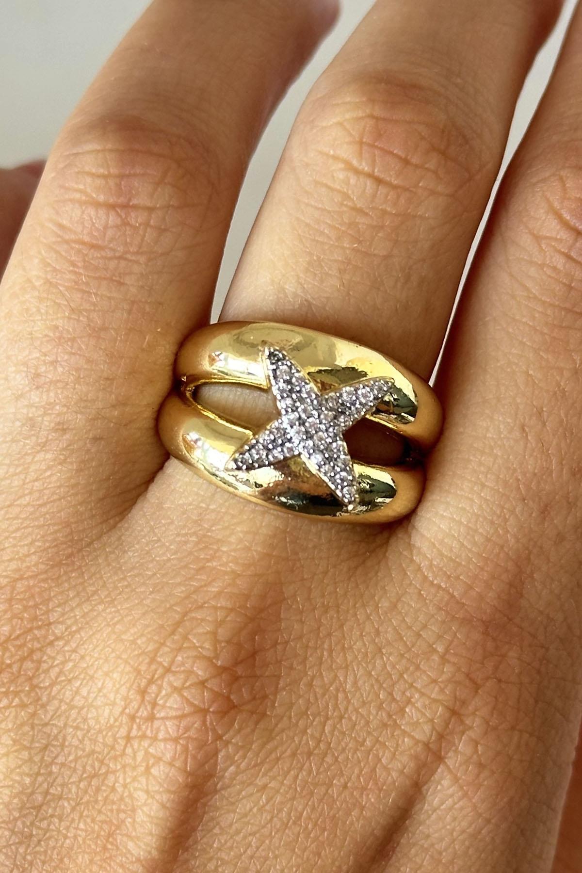 Altın Renk Taş Detaylı Ayarlanabilir Yüzük