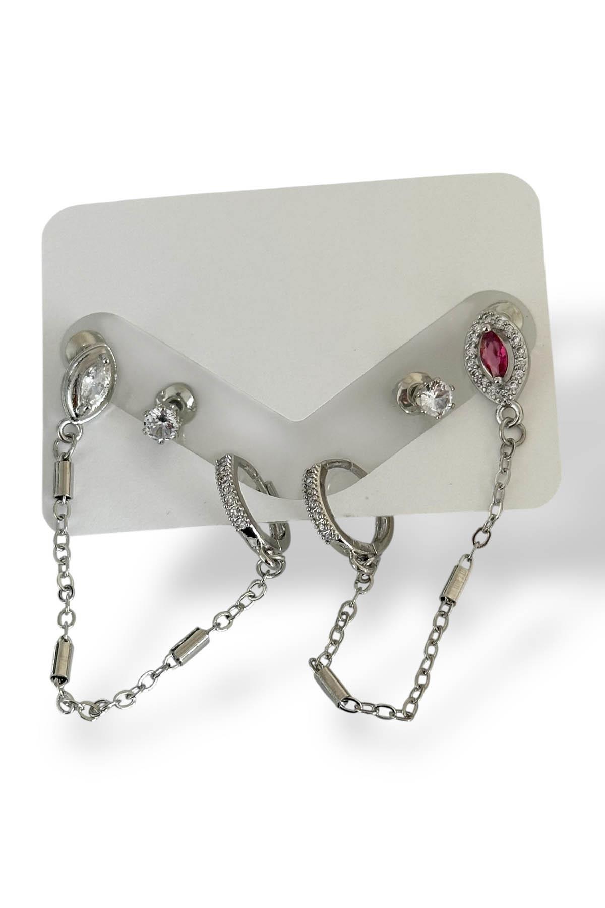 Gümüş Renk Taş Detaylı 6'lı Küpe Set