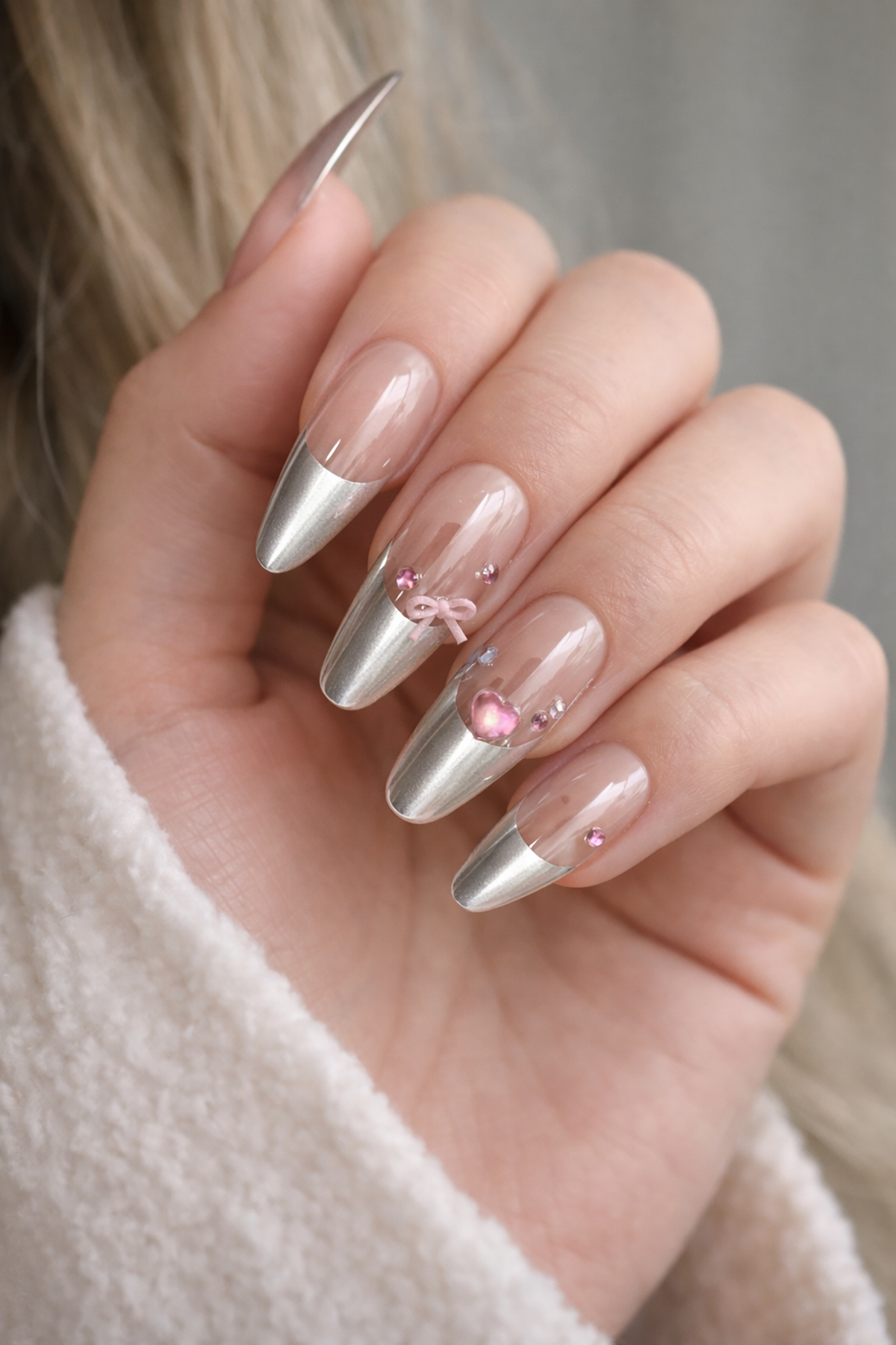 12'li Pudra Ve Gri Renk Jel Görünümlü Takma Tırnak (Yapıştırıcılı)