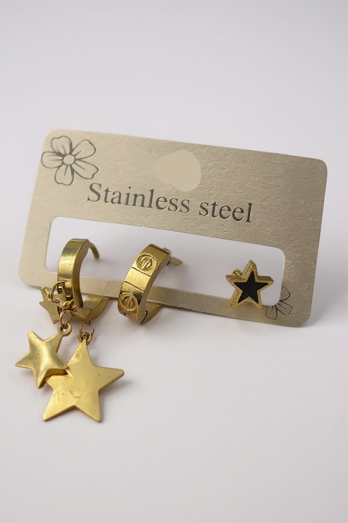 3'lü Altın Renk Karışık Figürlü Çelik Küpe Set