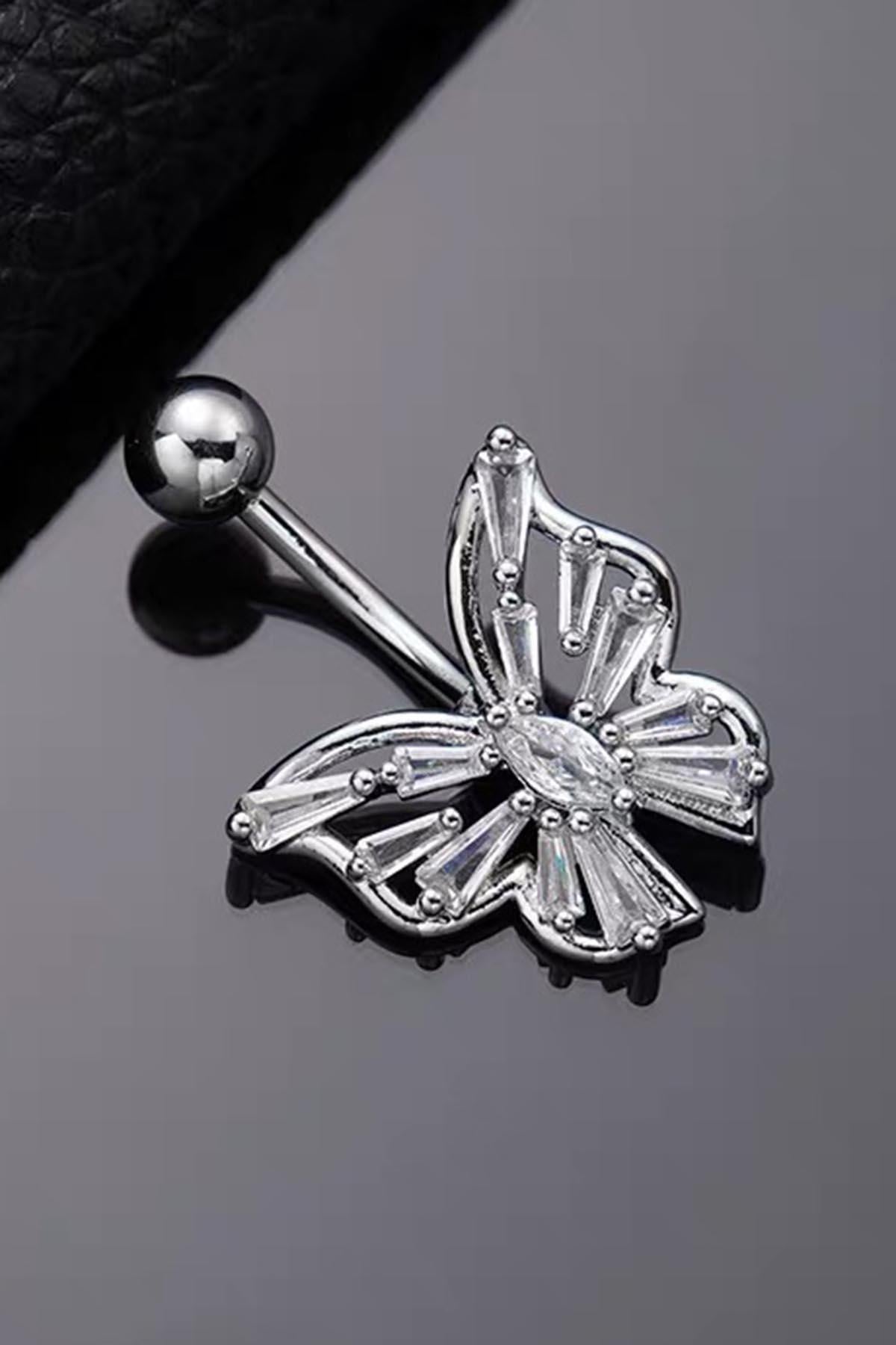 Gümüş Renk Kelebek Figürlü Cerrahi Çelik Göbek Piercing