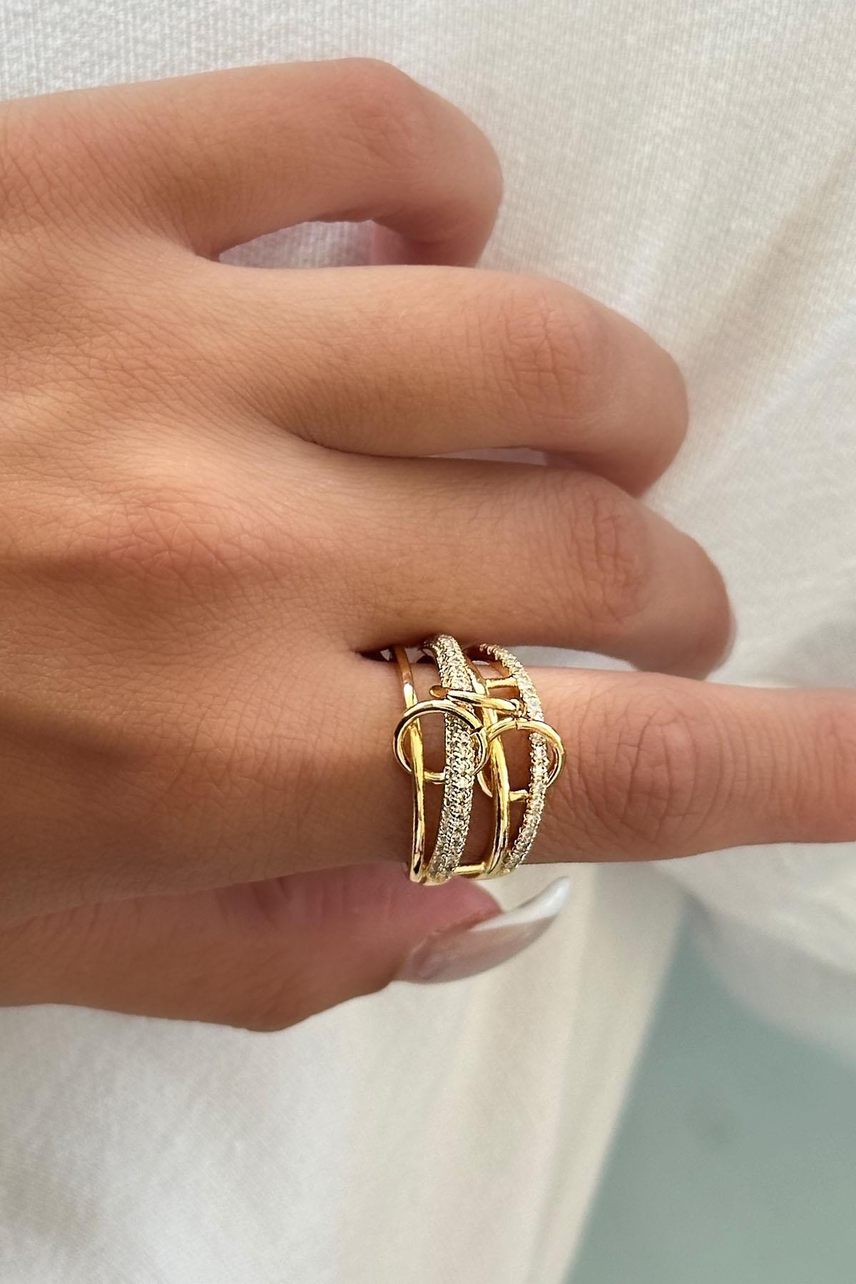 Altın Renk Taş Detaylı Ayarlanabilir Yüzük