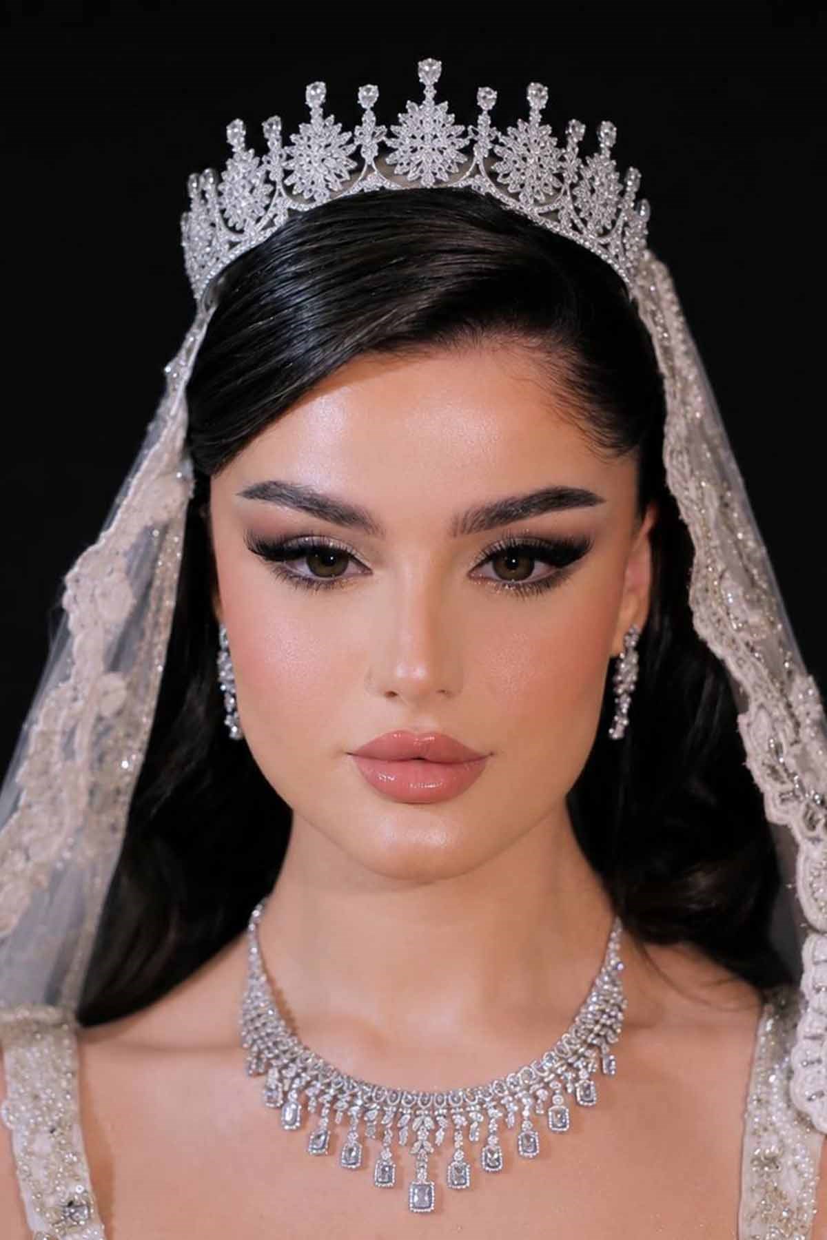 Gümüş Renk Zirkon Taşlı Gelin/Kına/Nişan/Söz Tasarım Taç