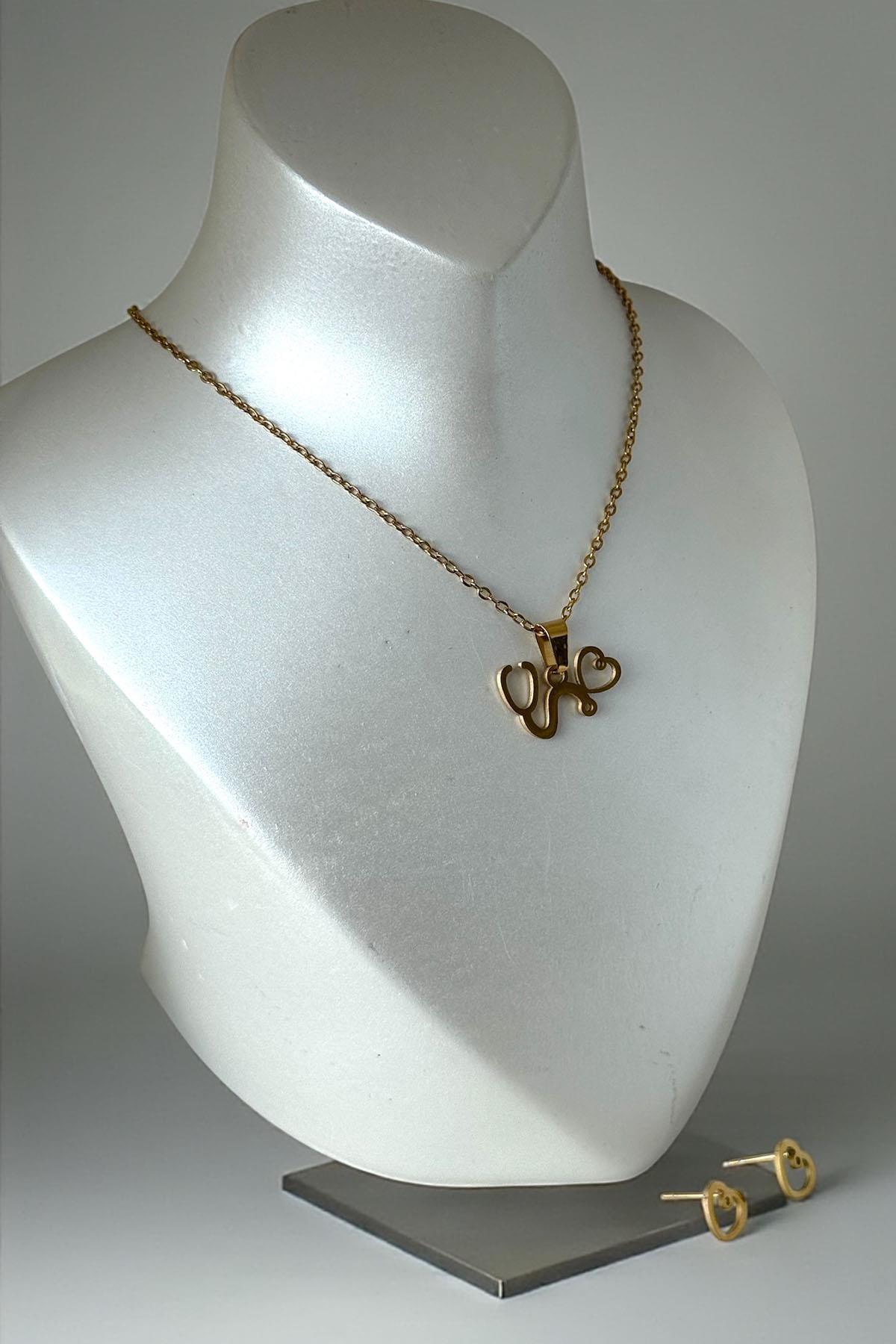 Altın Renk Kalp Figürlü Çelik Kolye Set