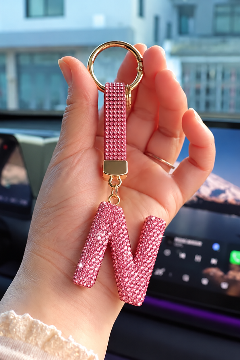 Pembe Renk N Harf Taşlı Çanta Charm/ Anahtarlık