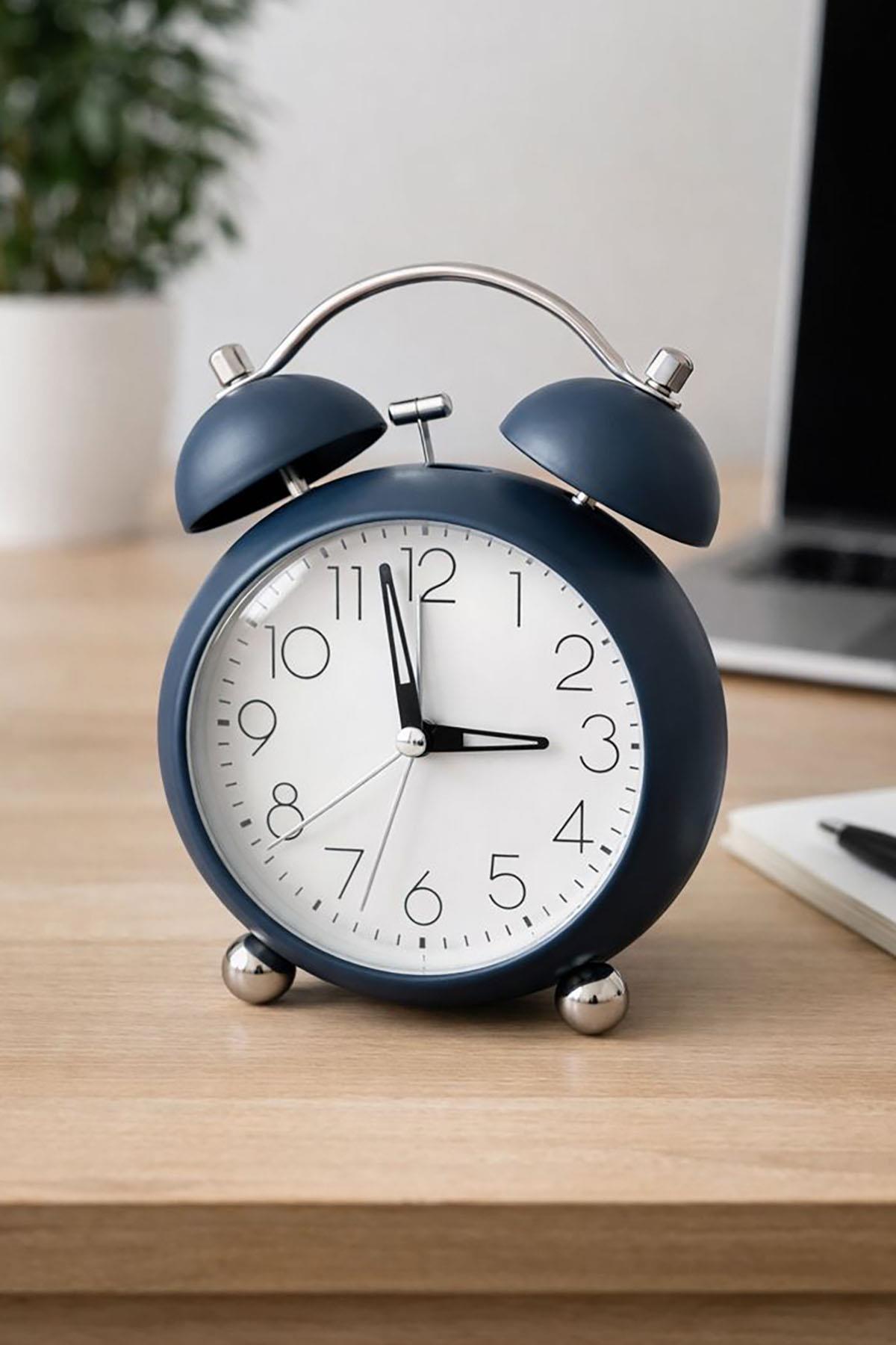 Lacivert Renk Mini Dekoratif Işıklı Alarmlı Yuvarlak Masa Saati