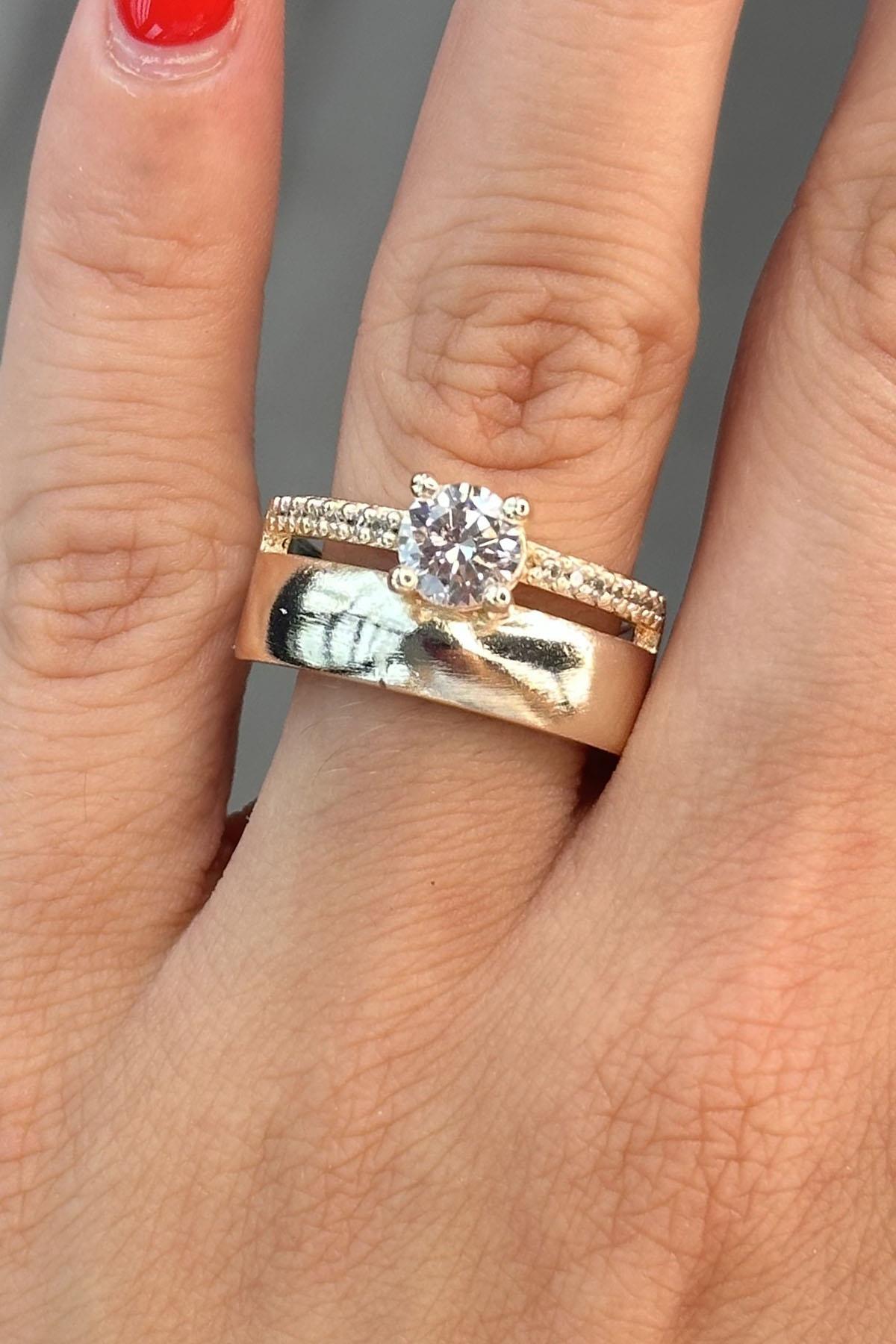 Altın Renk Taş Detaylı Ayarlanabilir Yüzük