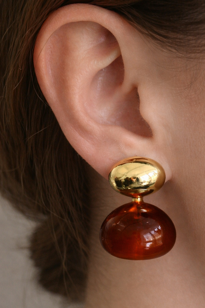 Altın Ve Kahve Renk Taş Detaylı Küpe (Çift)