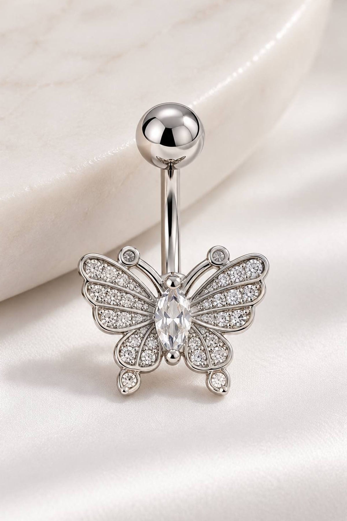 Gümüş Renk Kelebek Figürlü Cerrahi Çelik Göbek Piercing