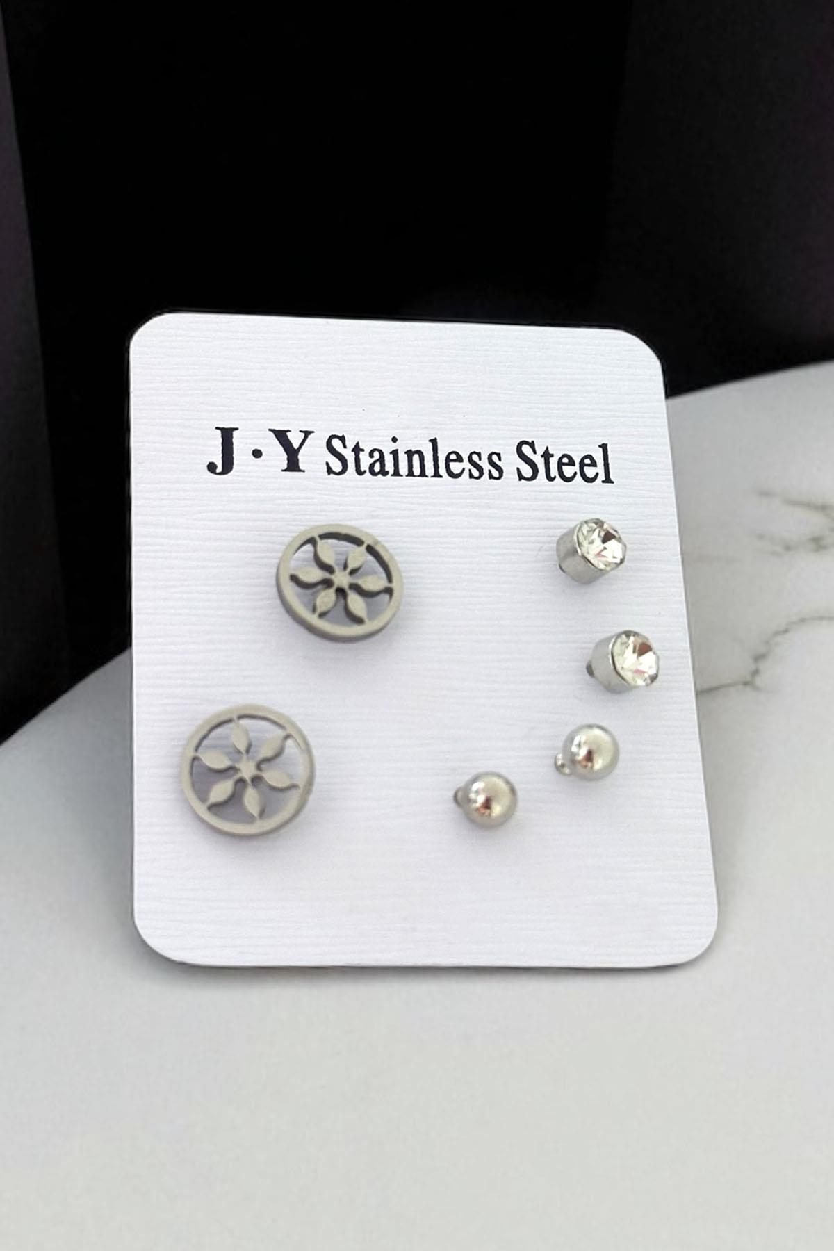 Gümüş Renk 6'lı Karışık Figürlü Çelik Küpe Set