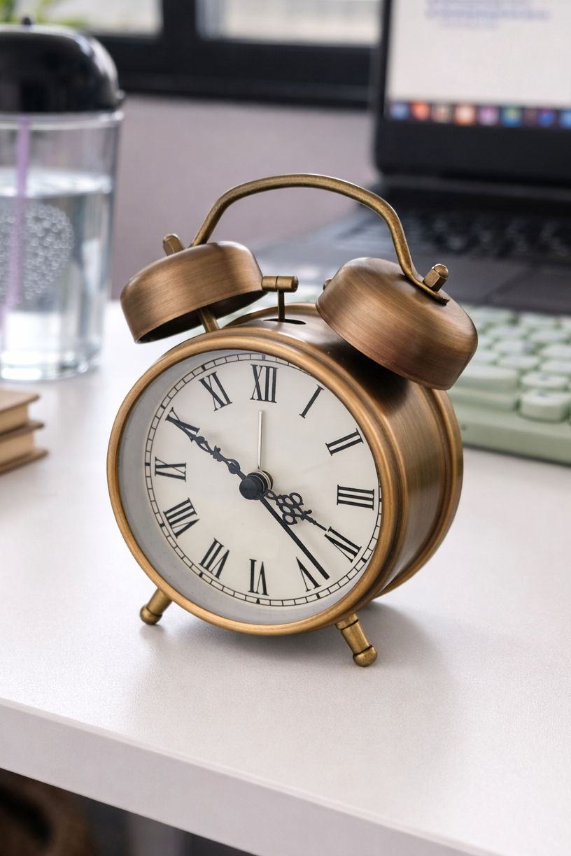 Bronz Renk Dekoratif Işıklı Alarmlı Yuvarlak Masa Saati