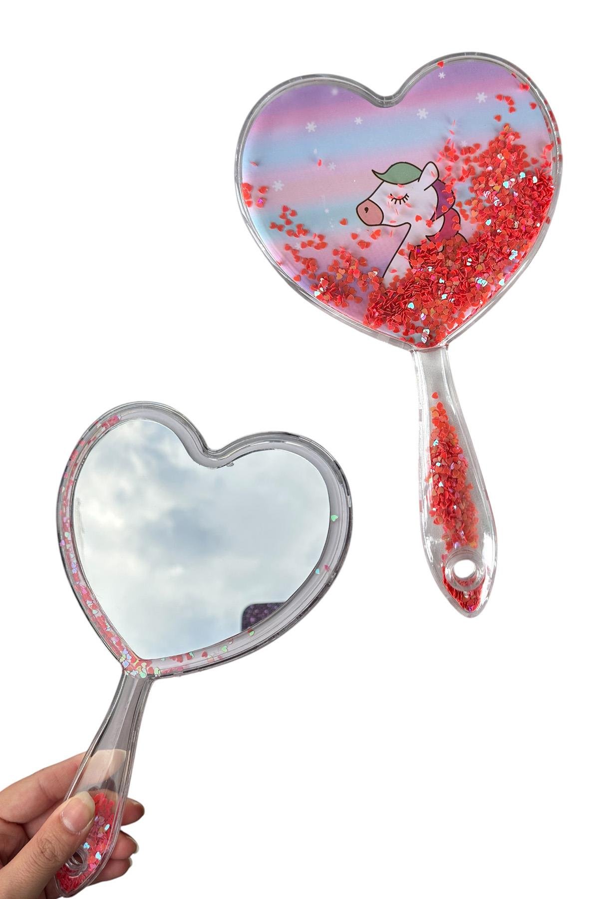 Fuşya Renk Pul Detaylı Unicorn Figürlü El Aynası