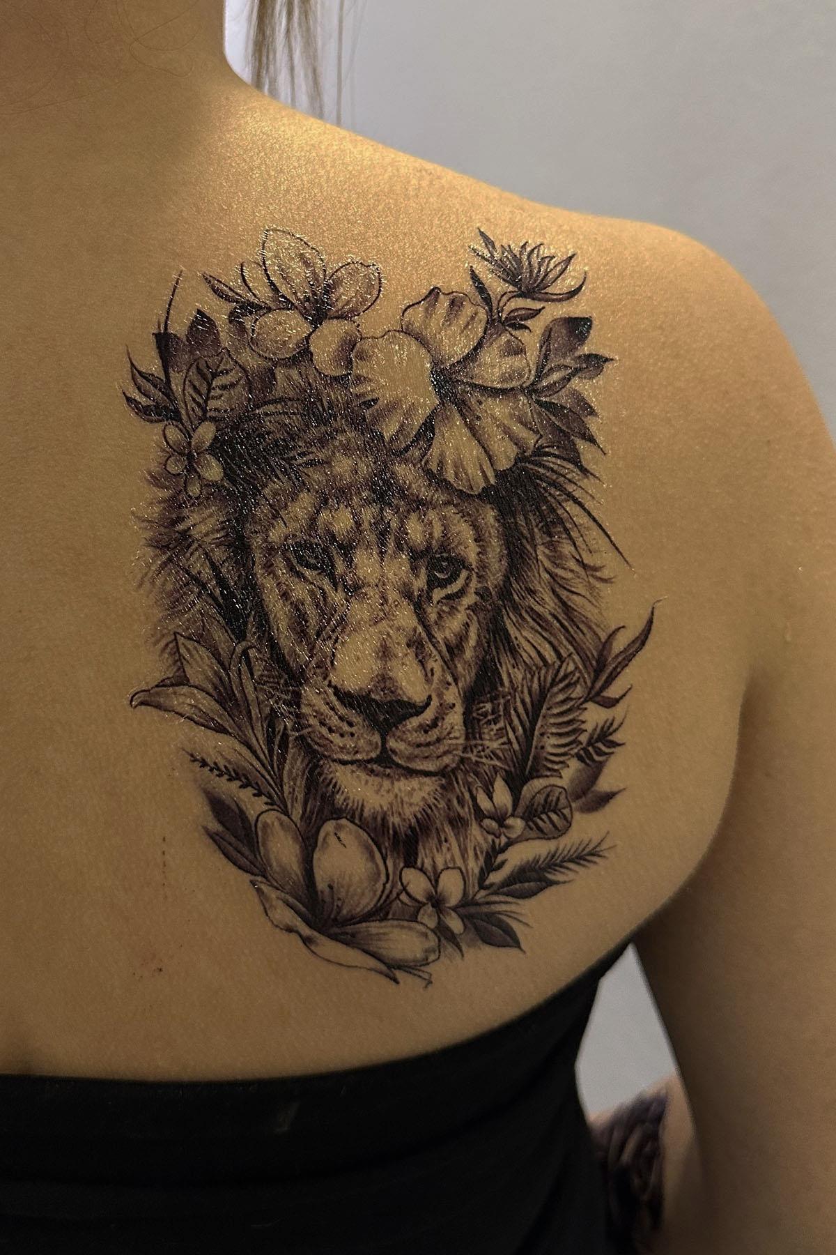 Geçici  Aslan Ve Çiçek Figürlü Dövme Tattoo