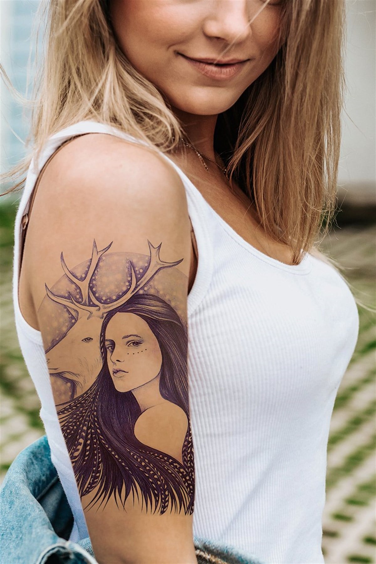 Temporary Female Model and Deer Tattoo Tattoo