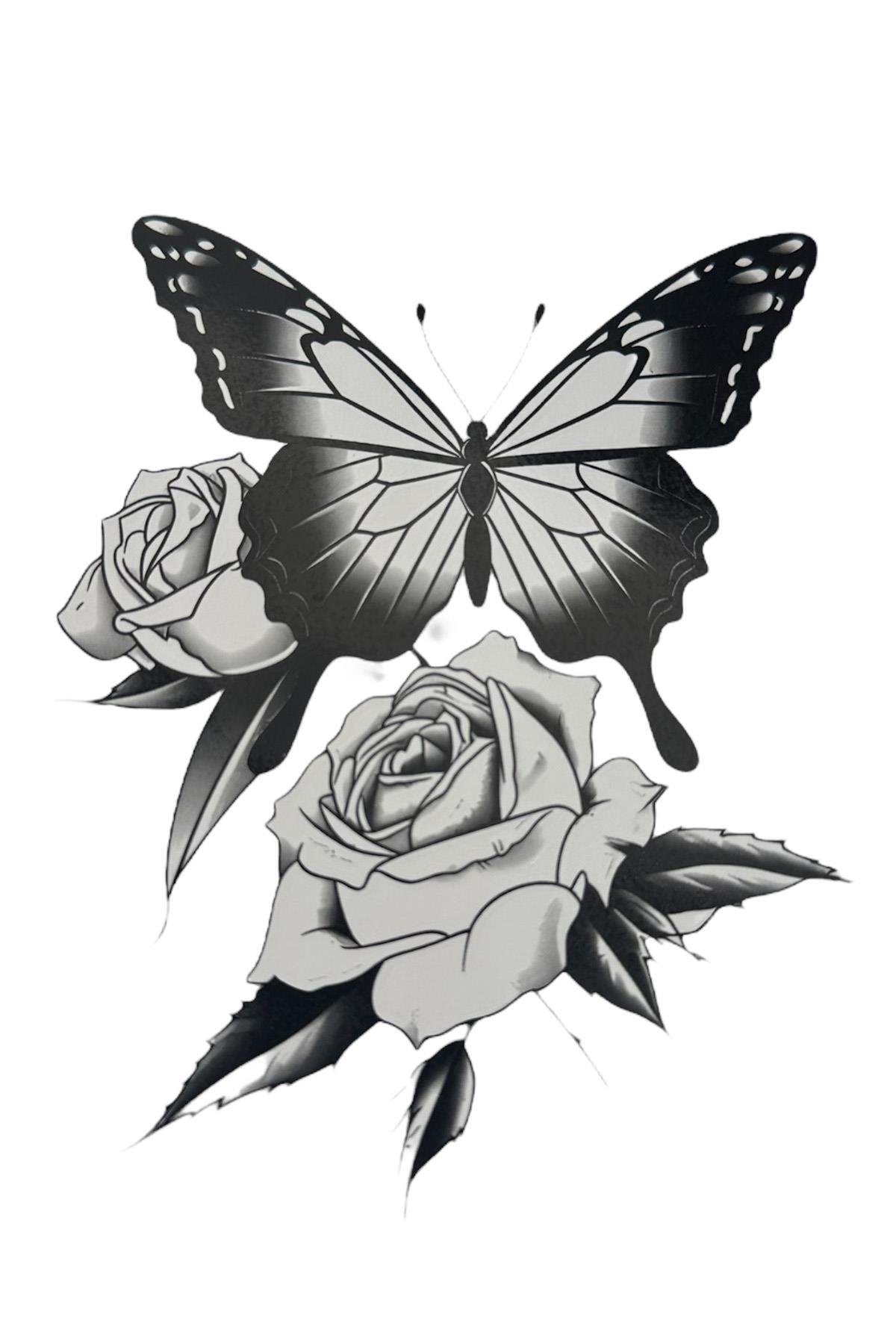 Geçici Kelebek Ve Gül Figürlü Dövme Tattoo