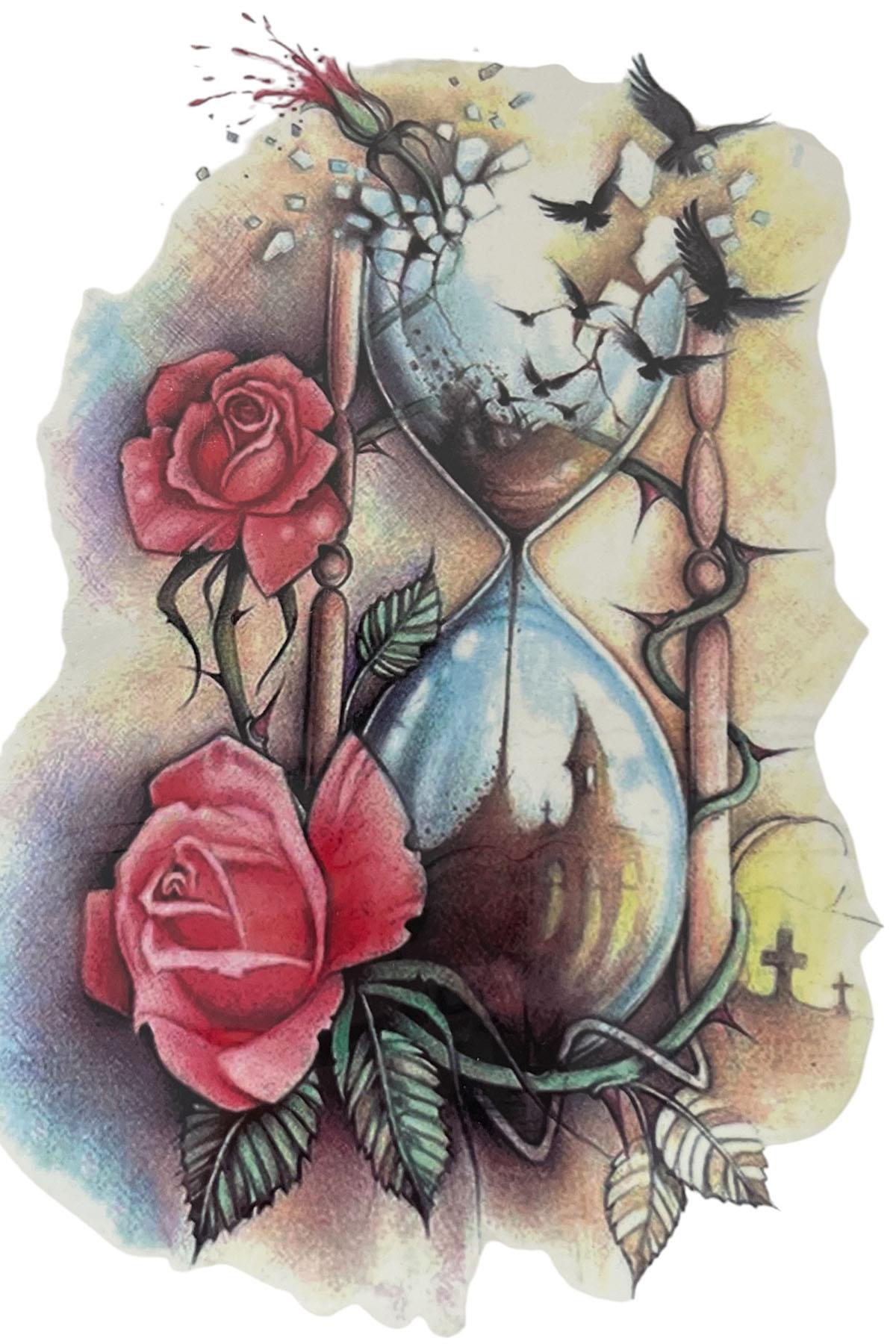 Geçici Kum Saati Ve Çiçek Figürlü Dövme Tattoo