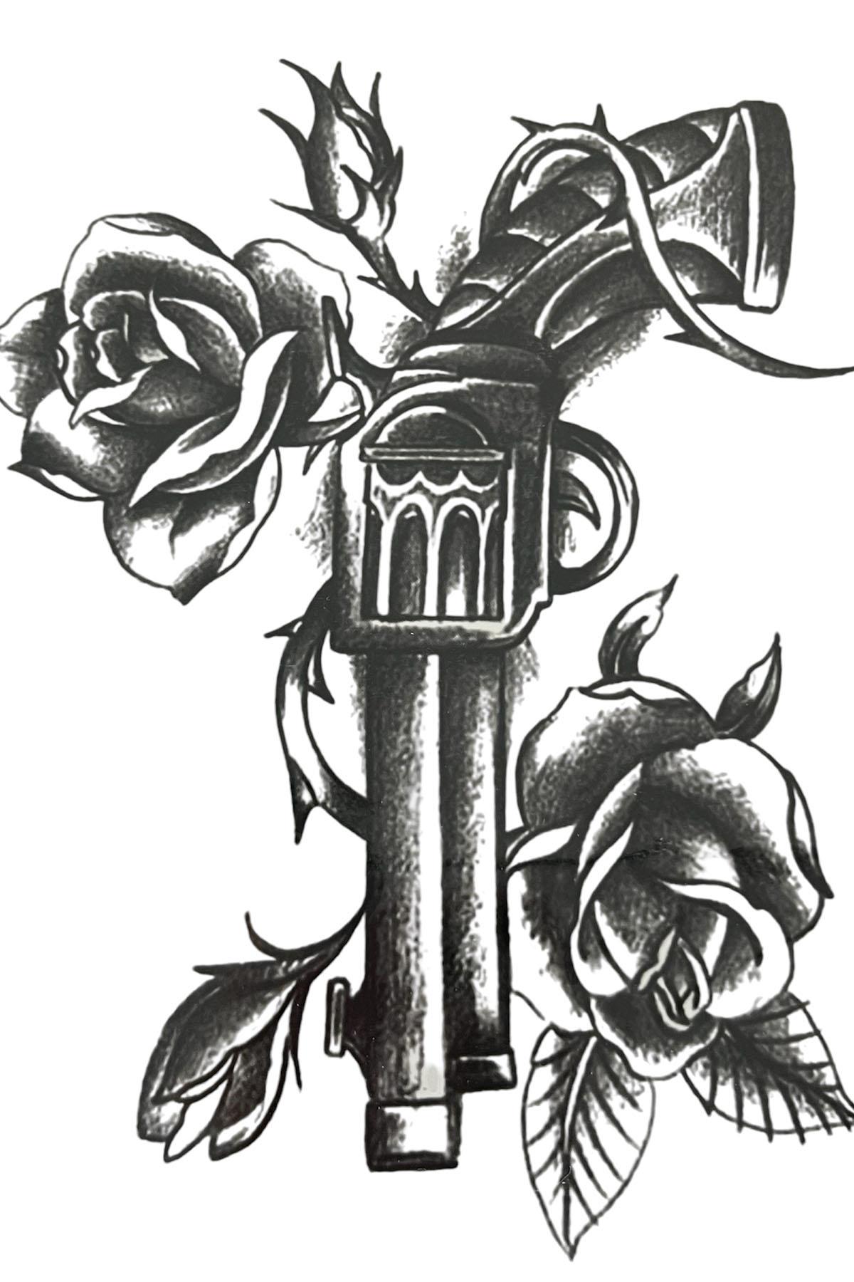 Geçici Silah Ve Çiçek Figürlü Dövme Tattoo