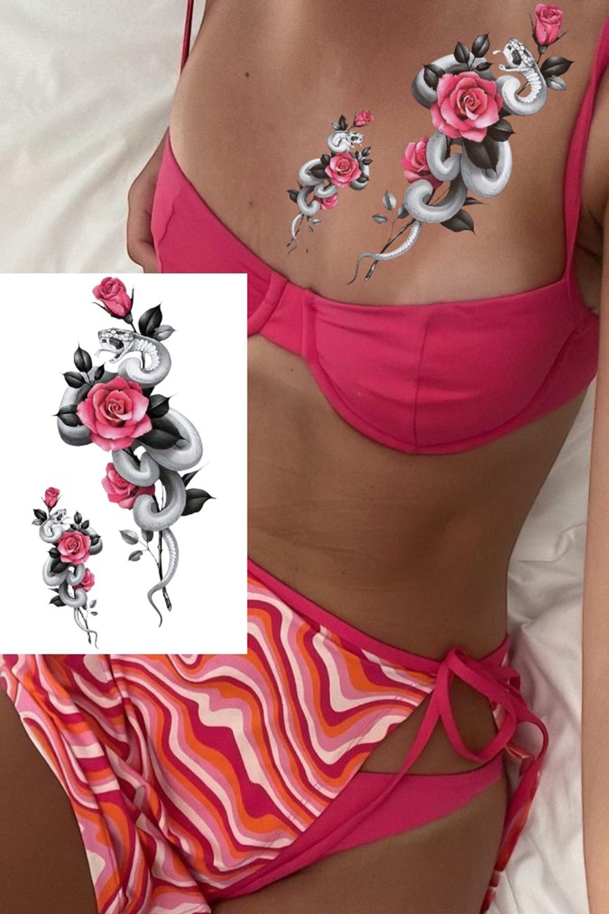 Geçici Yılan Ve Gül Figürlü Dövme Tattoo