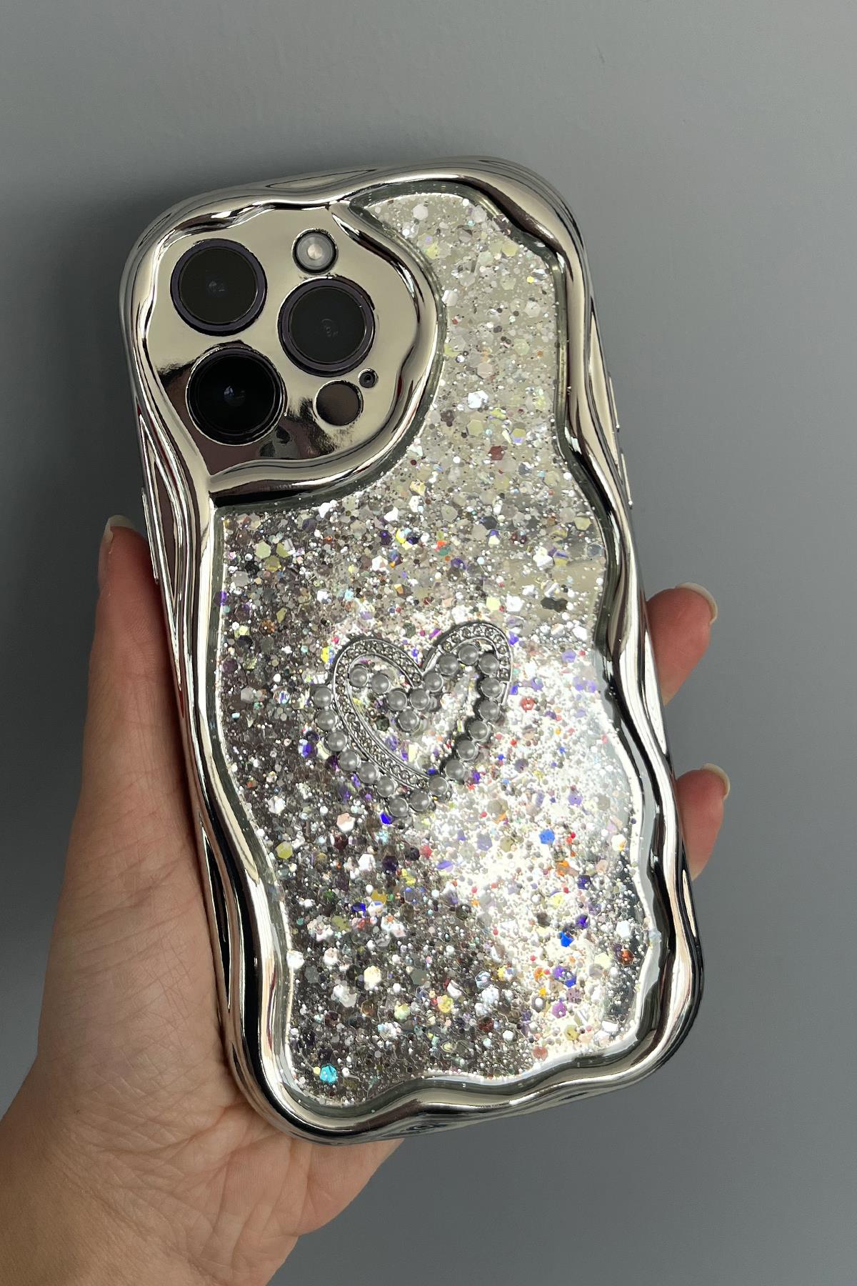 Gri Renk Kalp Figürlü Sim Detaylı 14 Pro Max Telefon Kılıfı