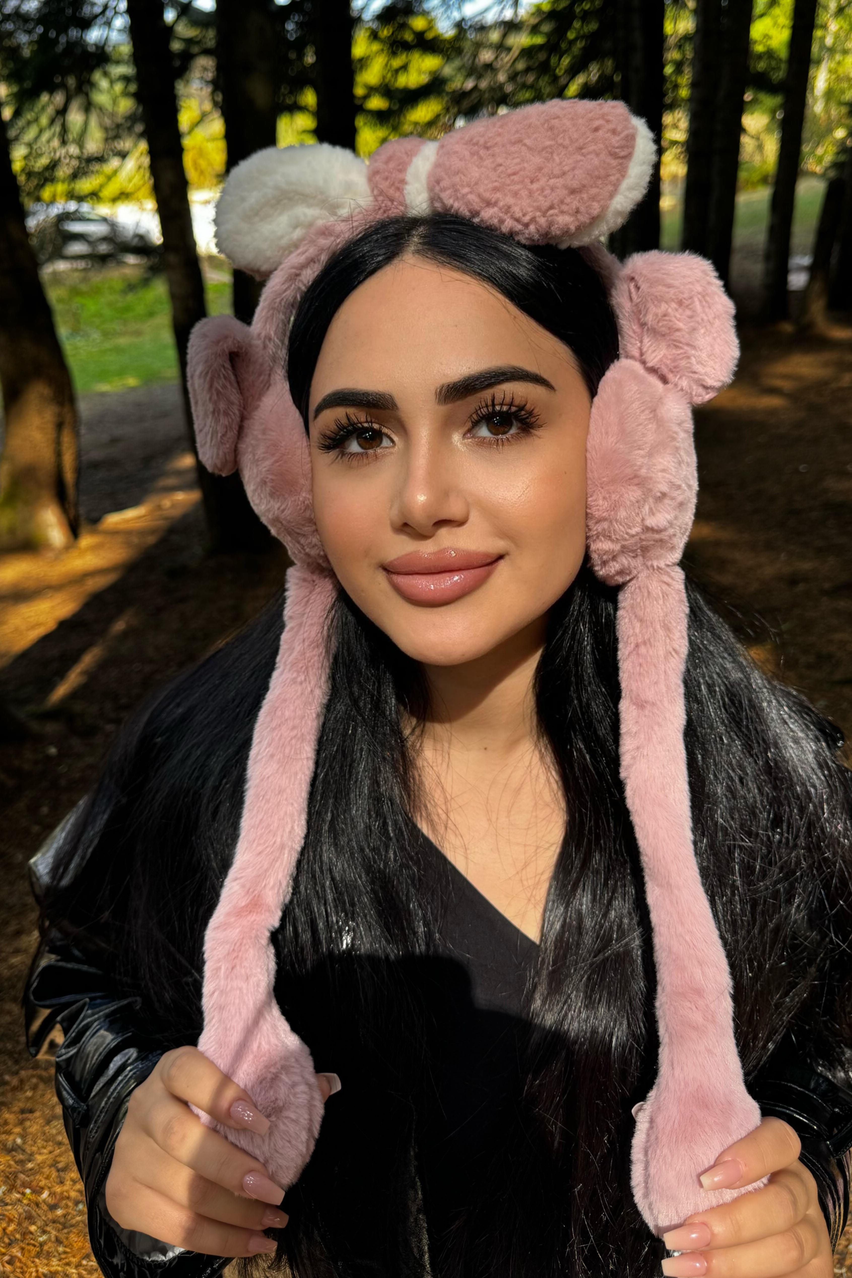 Gül Kurusu Renk Tavşan Figürlü Kulakları Oynayabilen Peluş Kulaklık