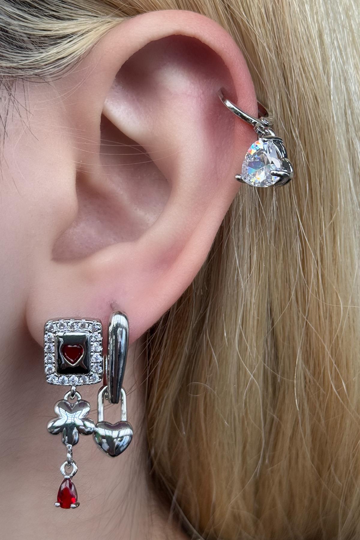 Gümüş Kalp Figürlü Taş Detaylı VİP 3'lü YSX Küpe Set