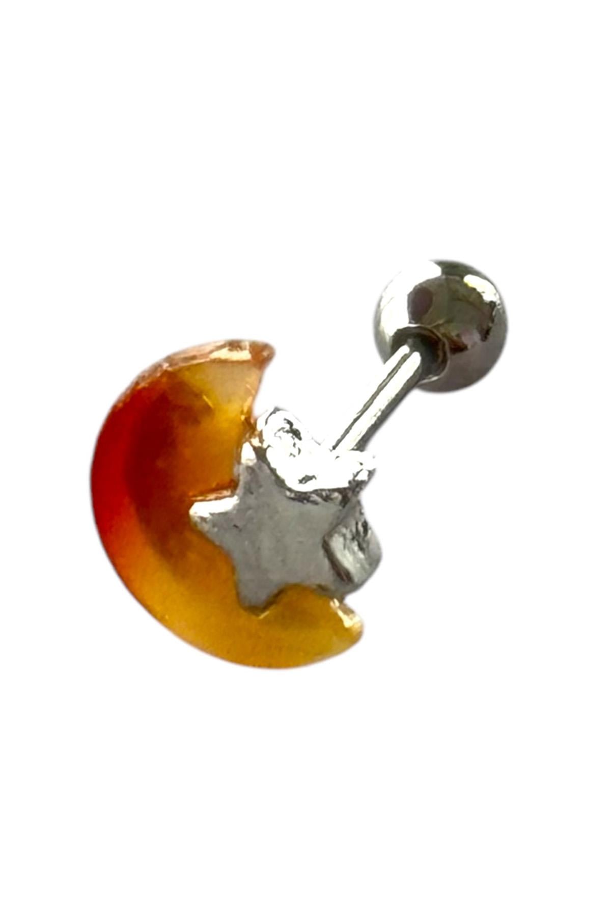 Gümüş Renk Ay Ve Yıldız Figürlü Taş Detaylı Cerrahi Çelik Tragus/Kıkırdak Küpe/Piercing (Tek)
