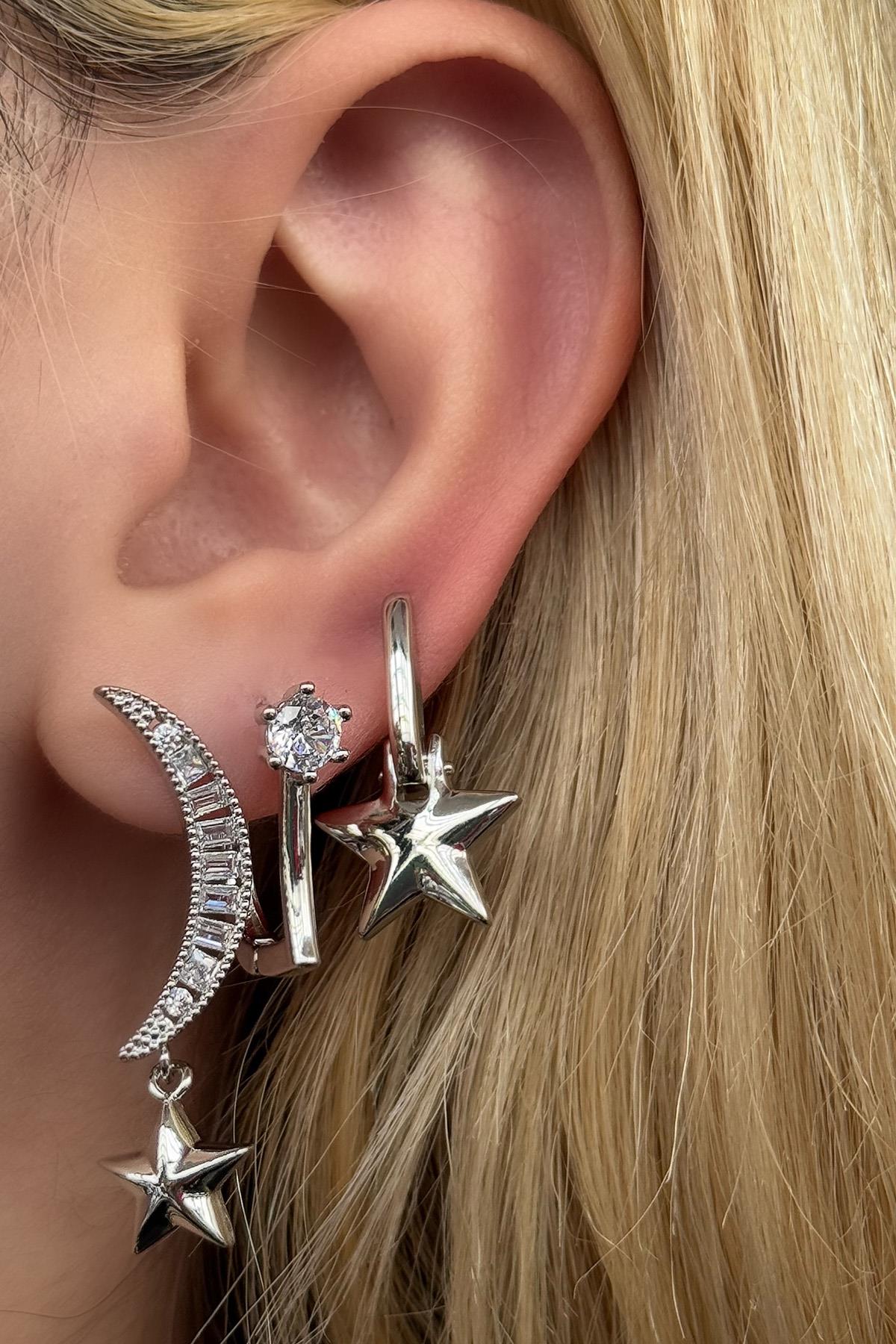 Gümüş Renk Ay Ve Yıldız Figürlü Taş Detaylı VİP 3'lü YSX Küpe Set