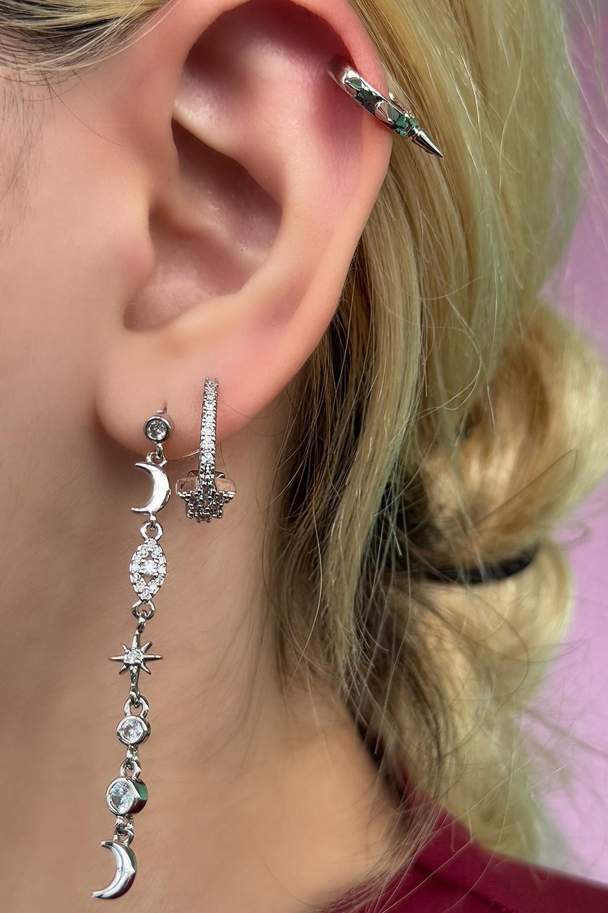 Gümüş Renk Ay Ve Yıldız Figürlü Taş Detaylı VİP 3'lü YSX Küpe Set