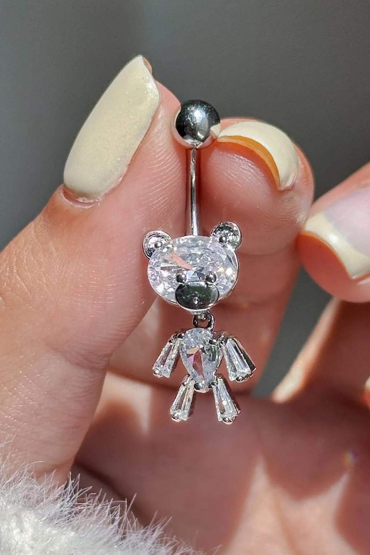 Gümüş Renk Ayıcık Figürlü Cerrahi Çelik Göbek Piercing