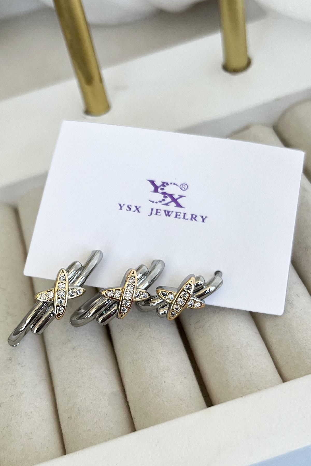 Gümüş Renk Çarpı Detaylı VİP 3'lü YSX Küpe Set