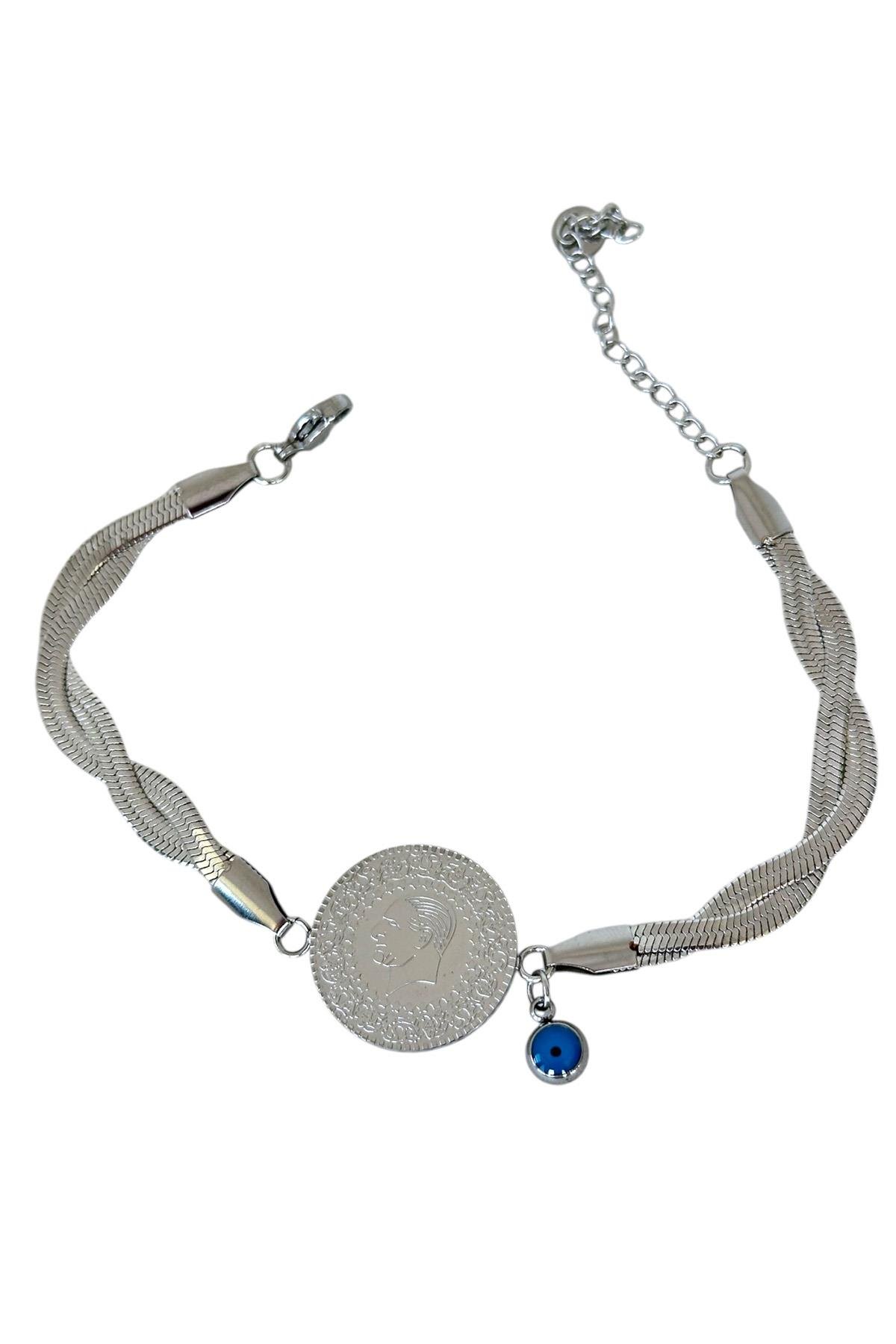 Gümüş Renk Çeyrek Figürlü Çelik Bileklik