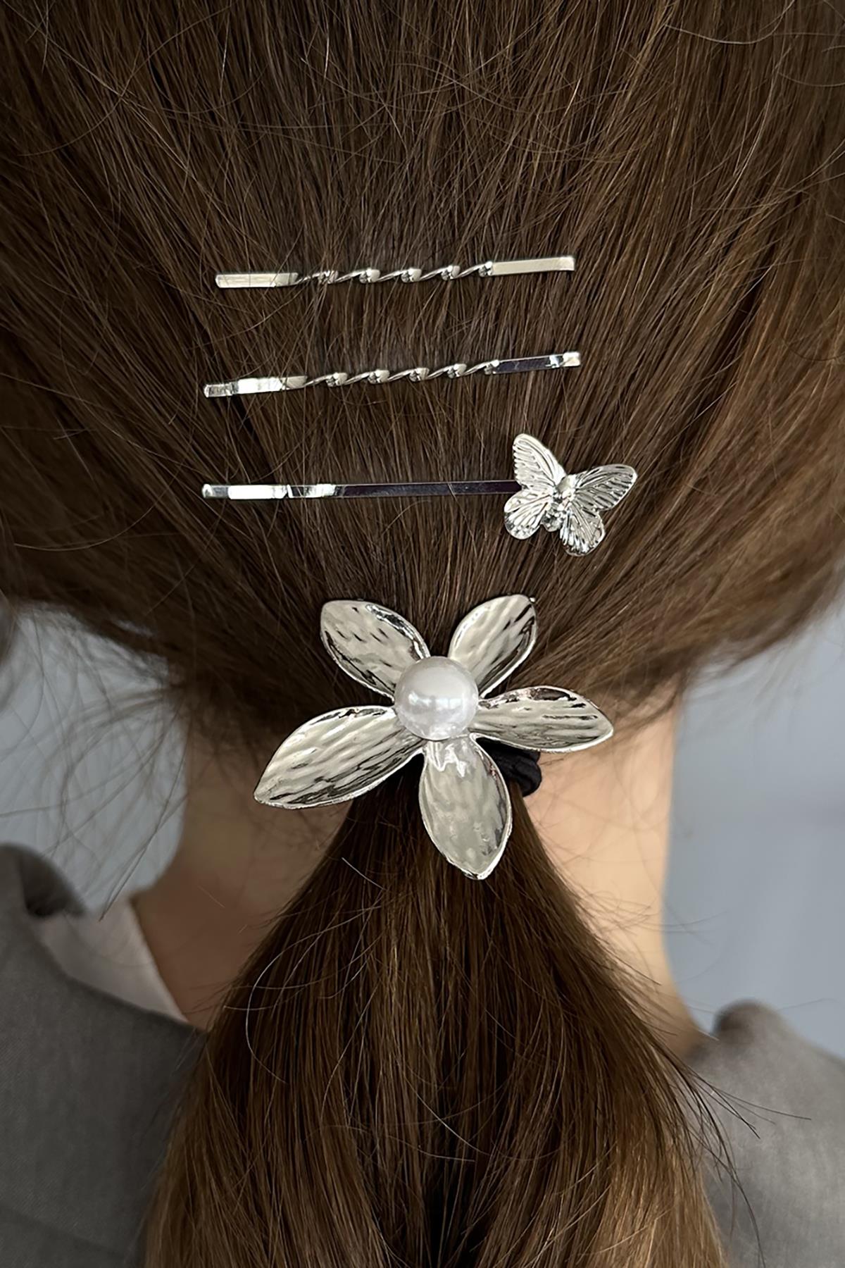 Gümüş Renk Çiçek Figürlü Lastik Toka Ve Tel Toka Set