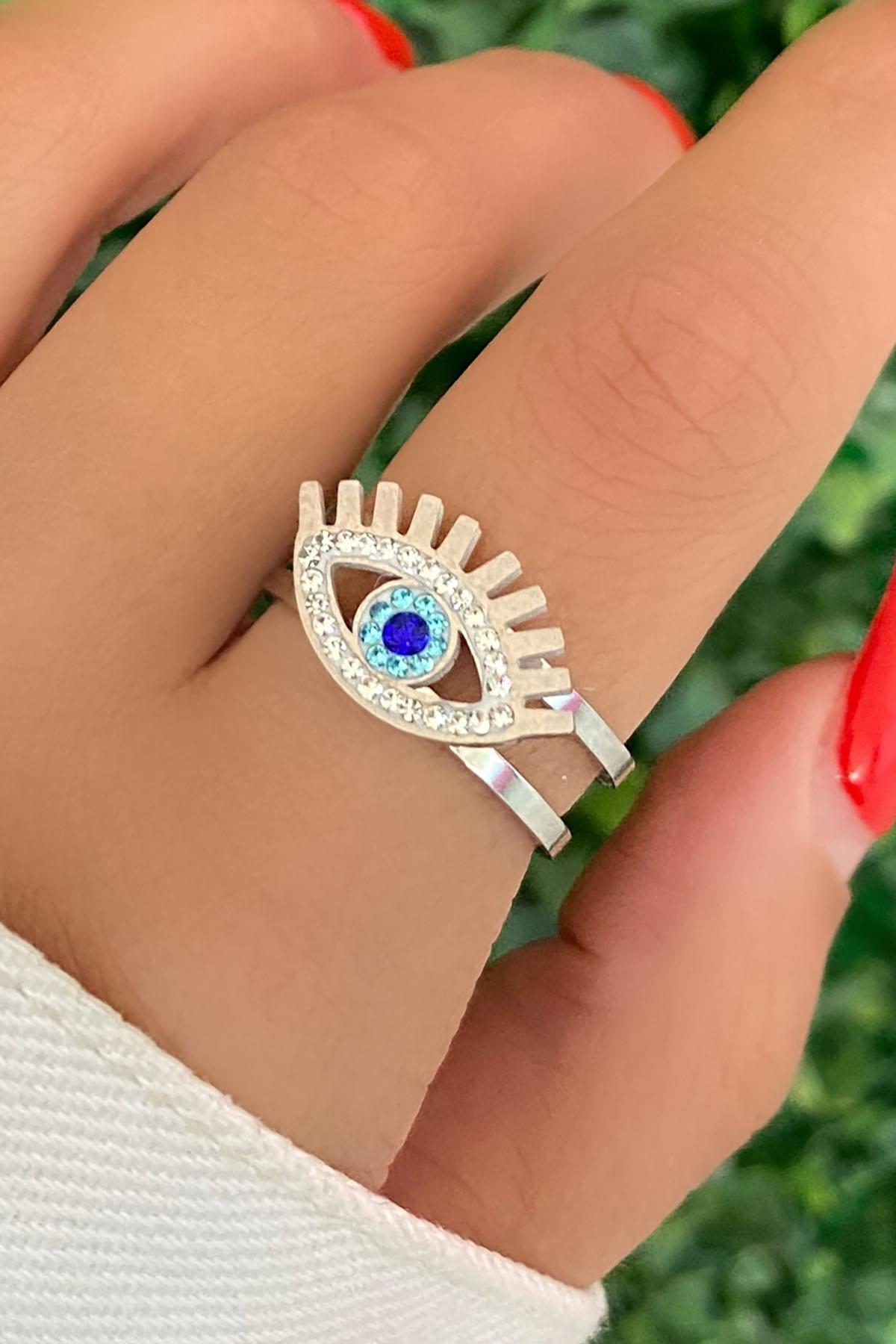 Gümüş Renk Göz Figürlü Taş Detaylı Ayarlanabilir Çelik Yüzük